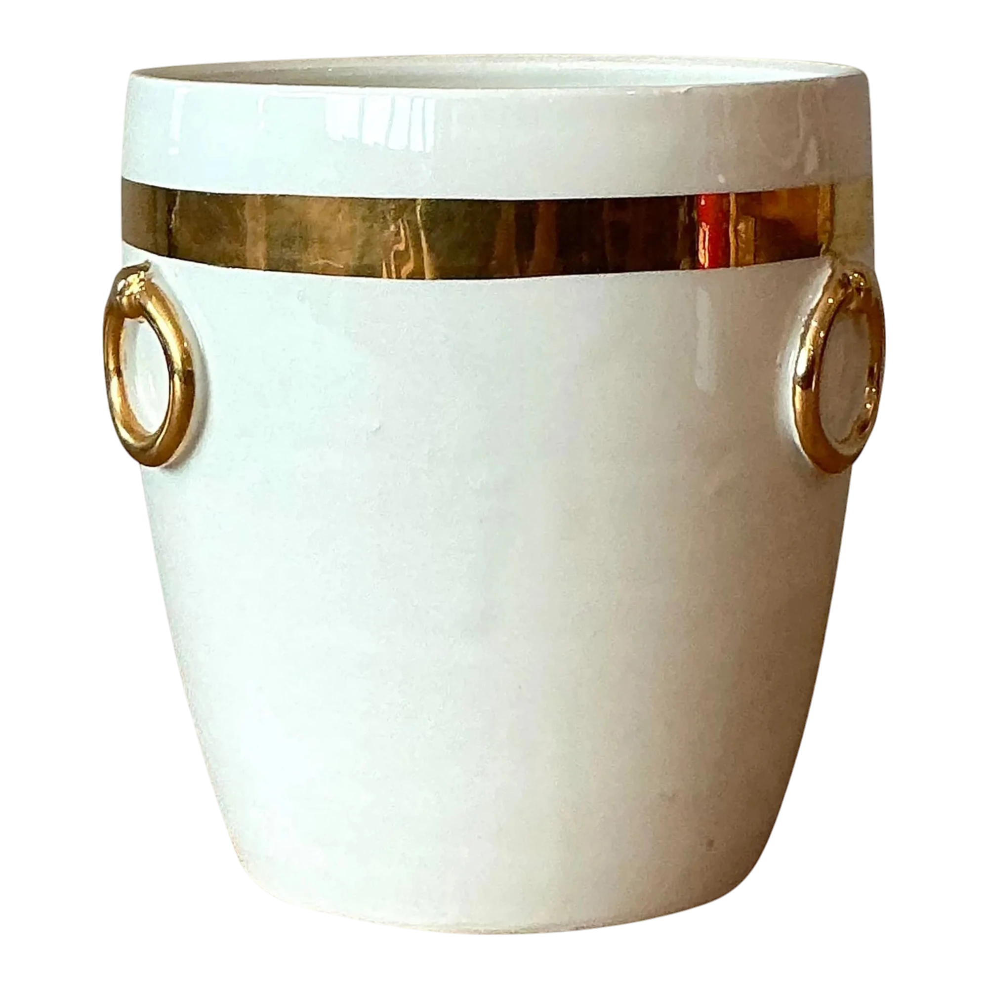 Vintage Boho Italian Glazed Ceramic Gold Rings Cache Pot
