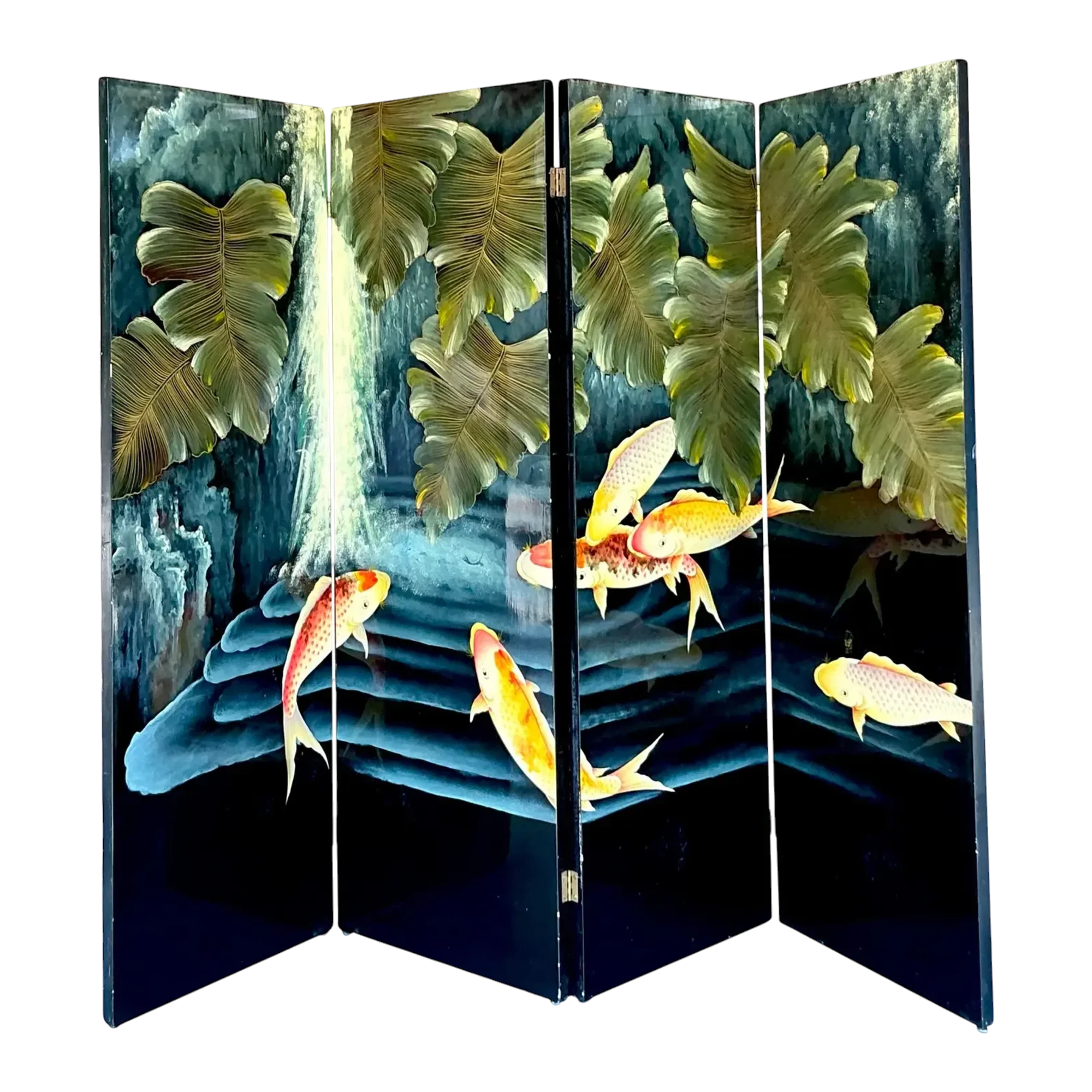 Vintage Boho Lacquered Koi Screen