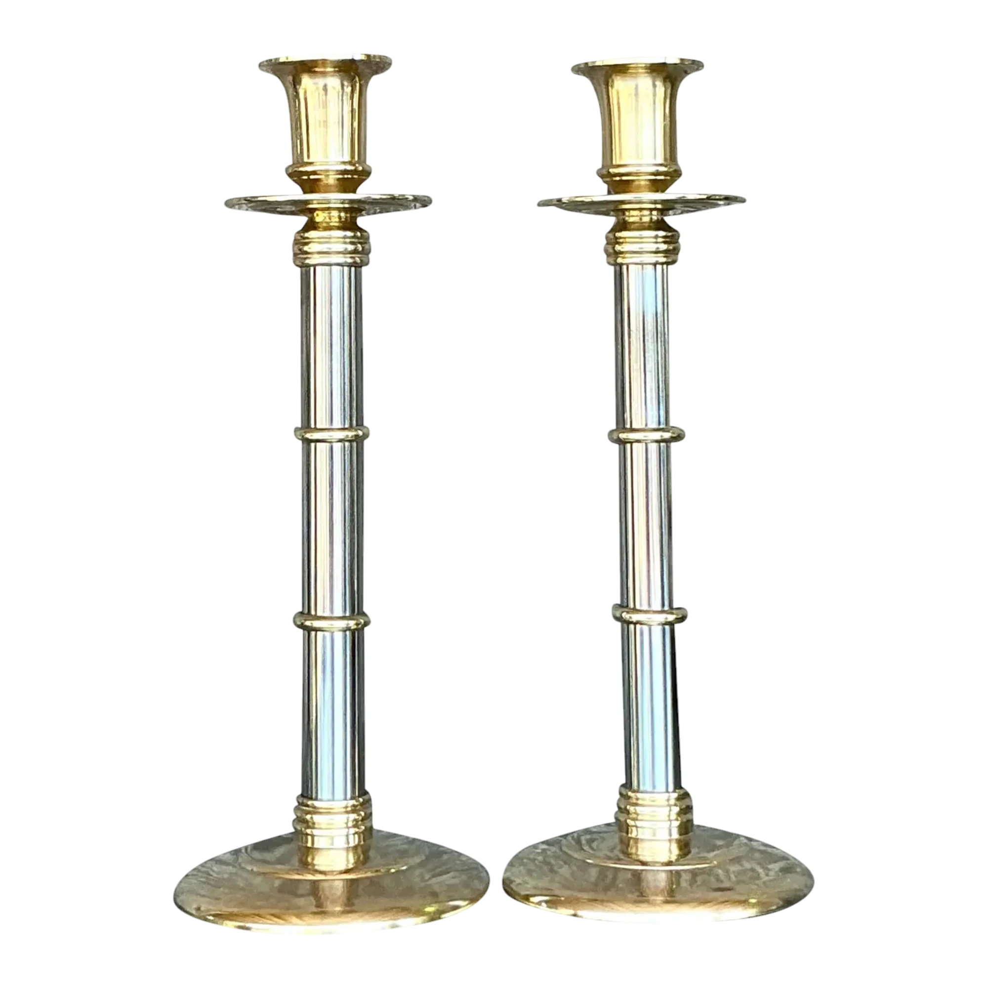 Vintage Boho Maitland-Smith Brass and Chrome Candlesticks- Set of 2