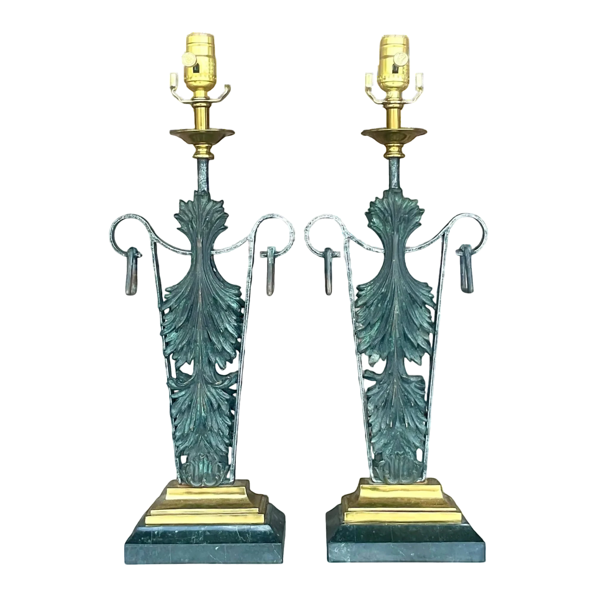 Vintage Boho Maitland Smith Patinated Fleur De Lys Lamps - a Pair
