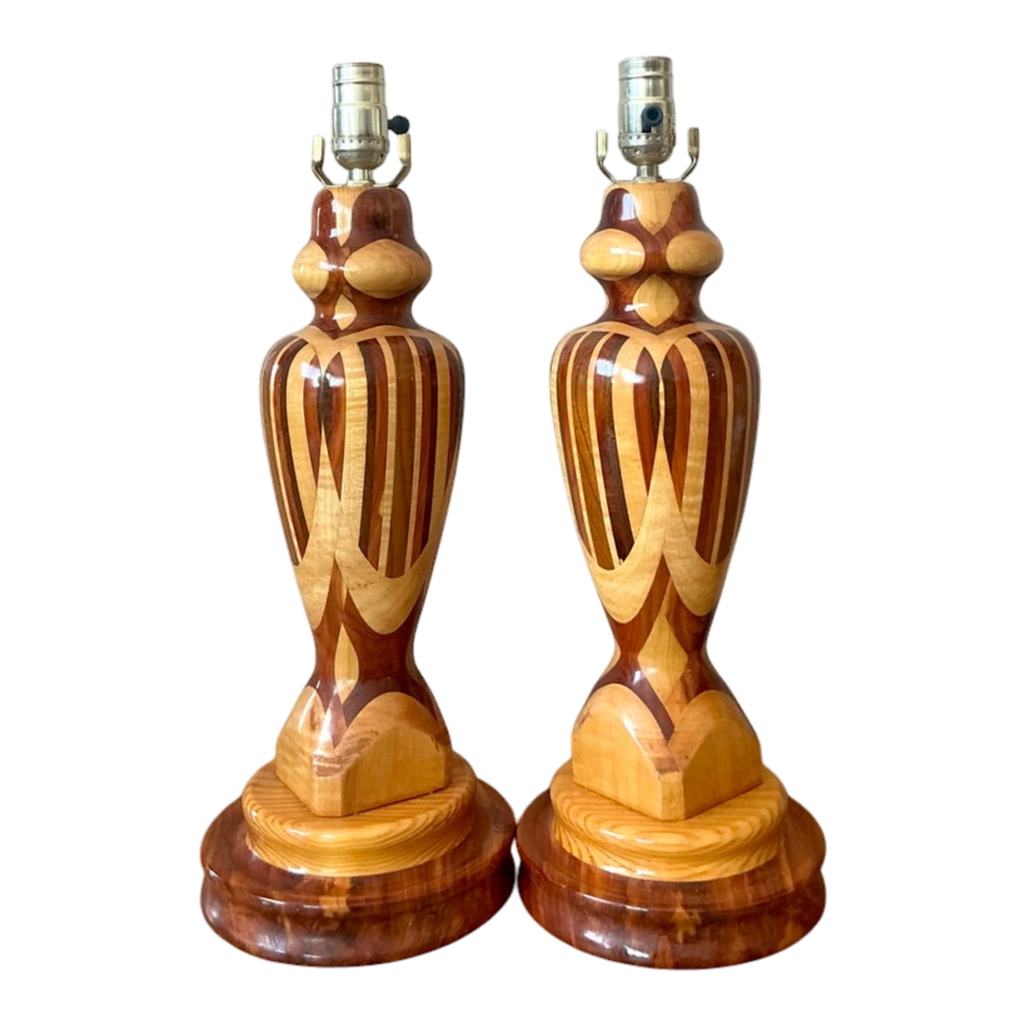 Vintage Boho Marquetry Wood Lamps - A Pair