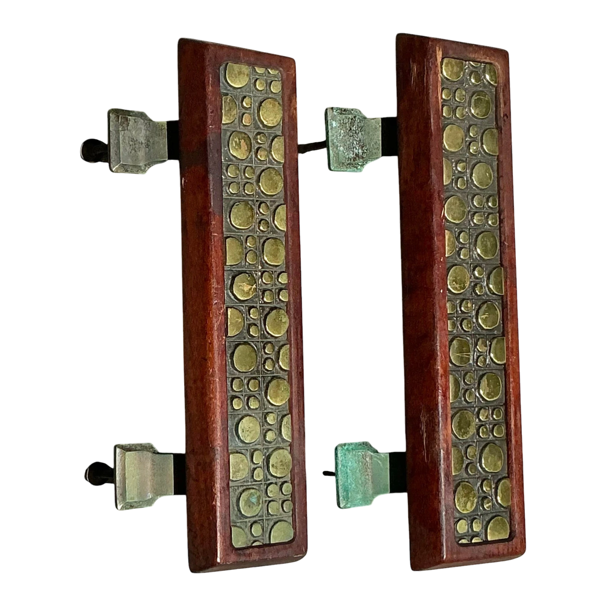 Vintage Boho Mid-Century Modern Patinated Abstract Geometric Door Pulls - a Pr