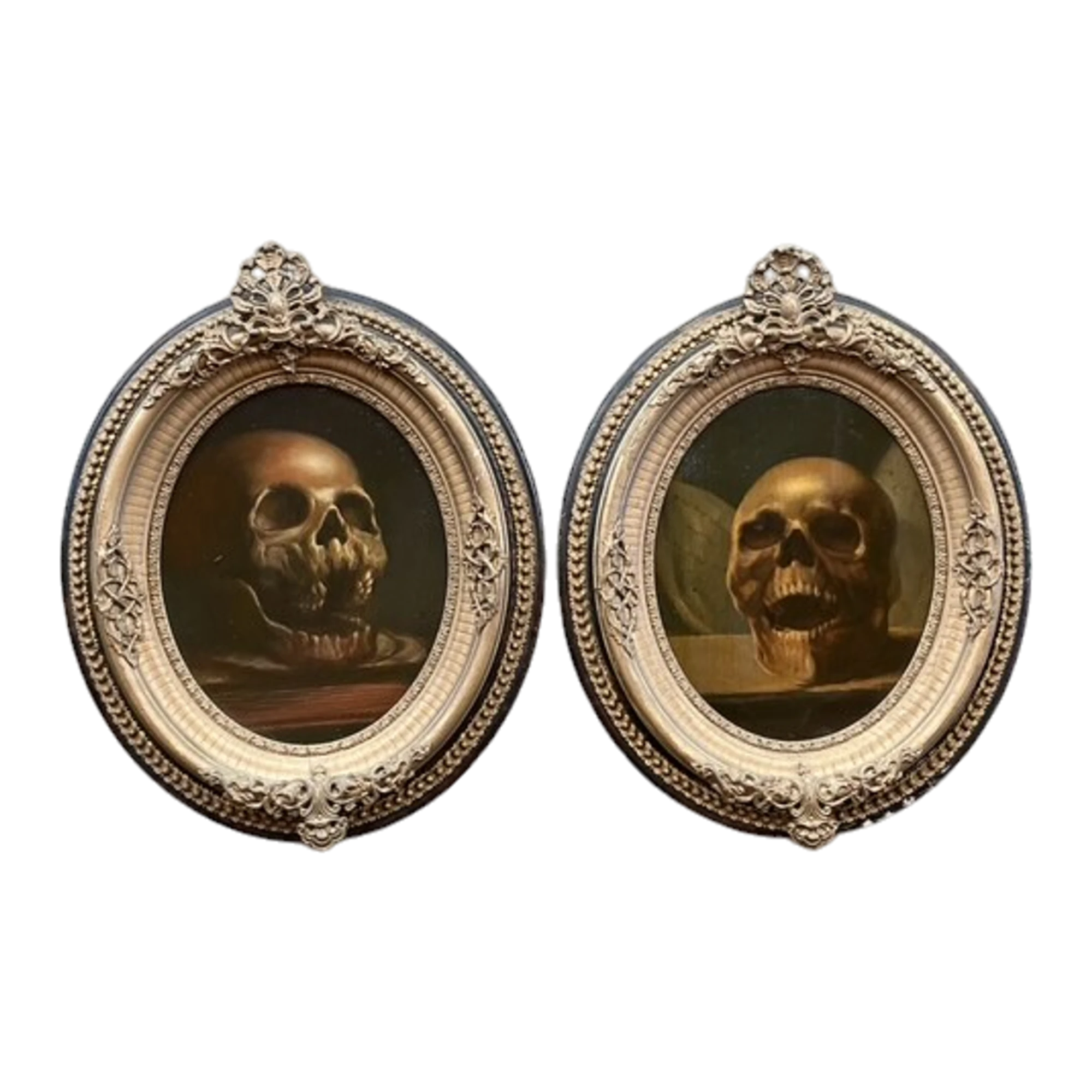 Vintage Boho Momento Mori Original Skull Oil Paintings On Board - Set Of 2