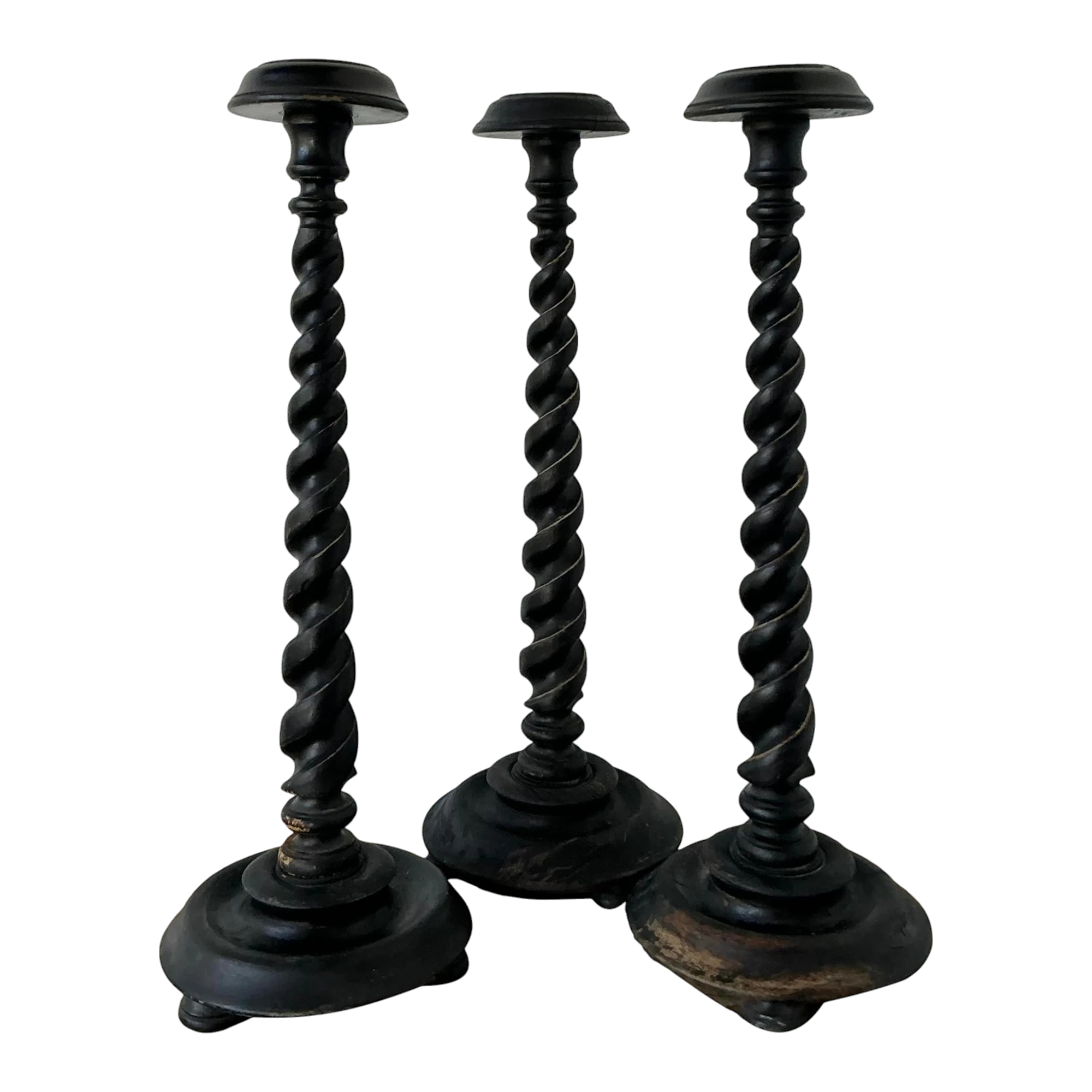 Vintage Boho Monumental Distressed Barley Twist Candlesticks - Set of 3