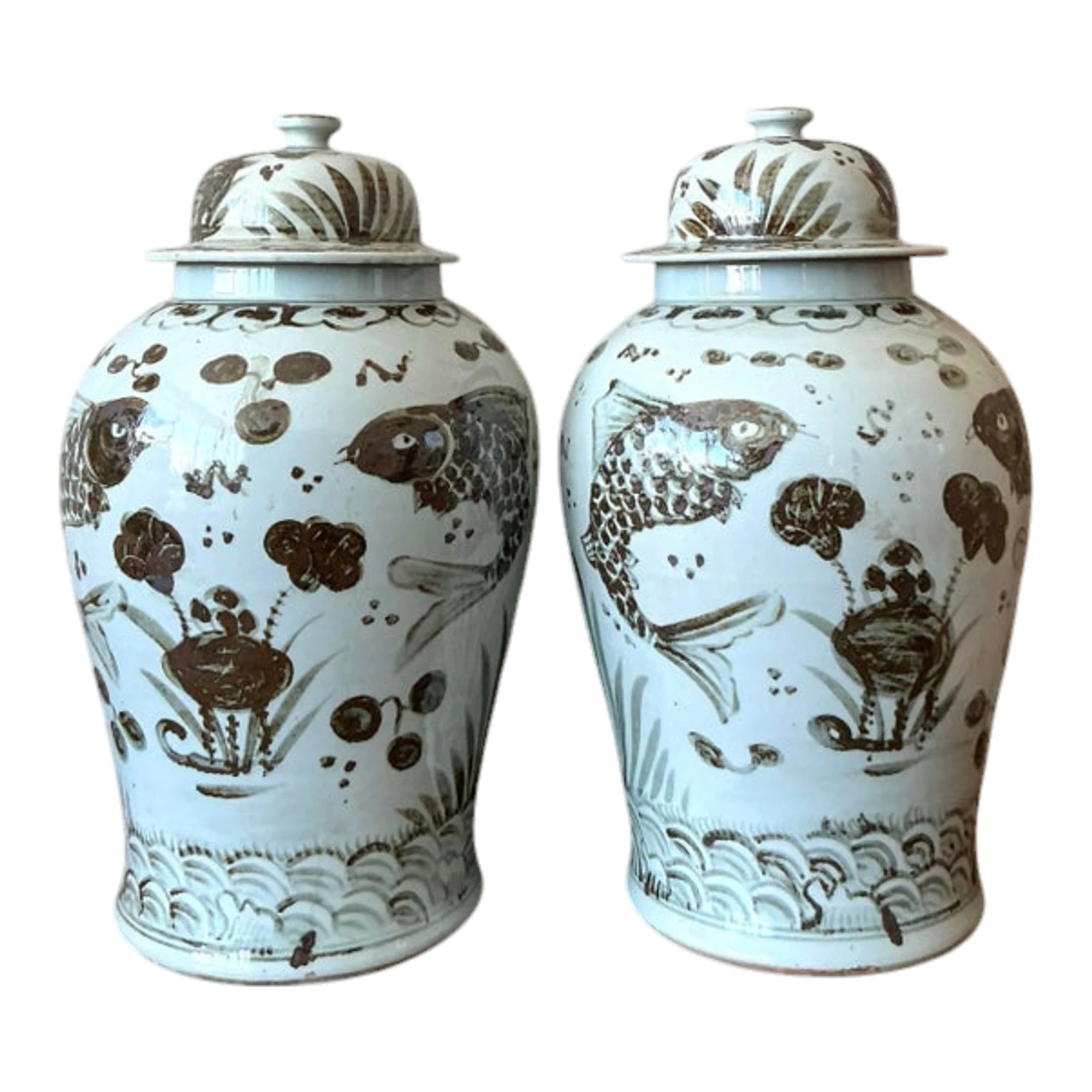 Vintage Boho Monumental Glazed Ceramic Hand Painted Urns - A Pair