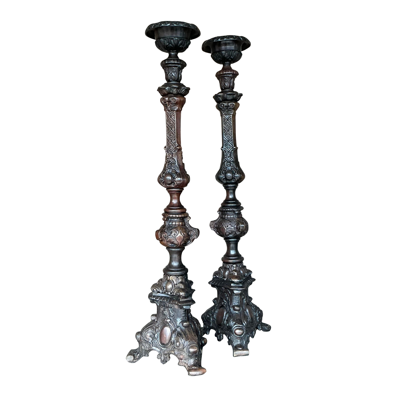 Vintage Boho Monumental Maitland-Smith Bronze Altar Candles - Set of 2
