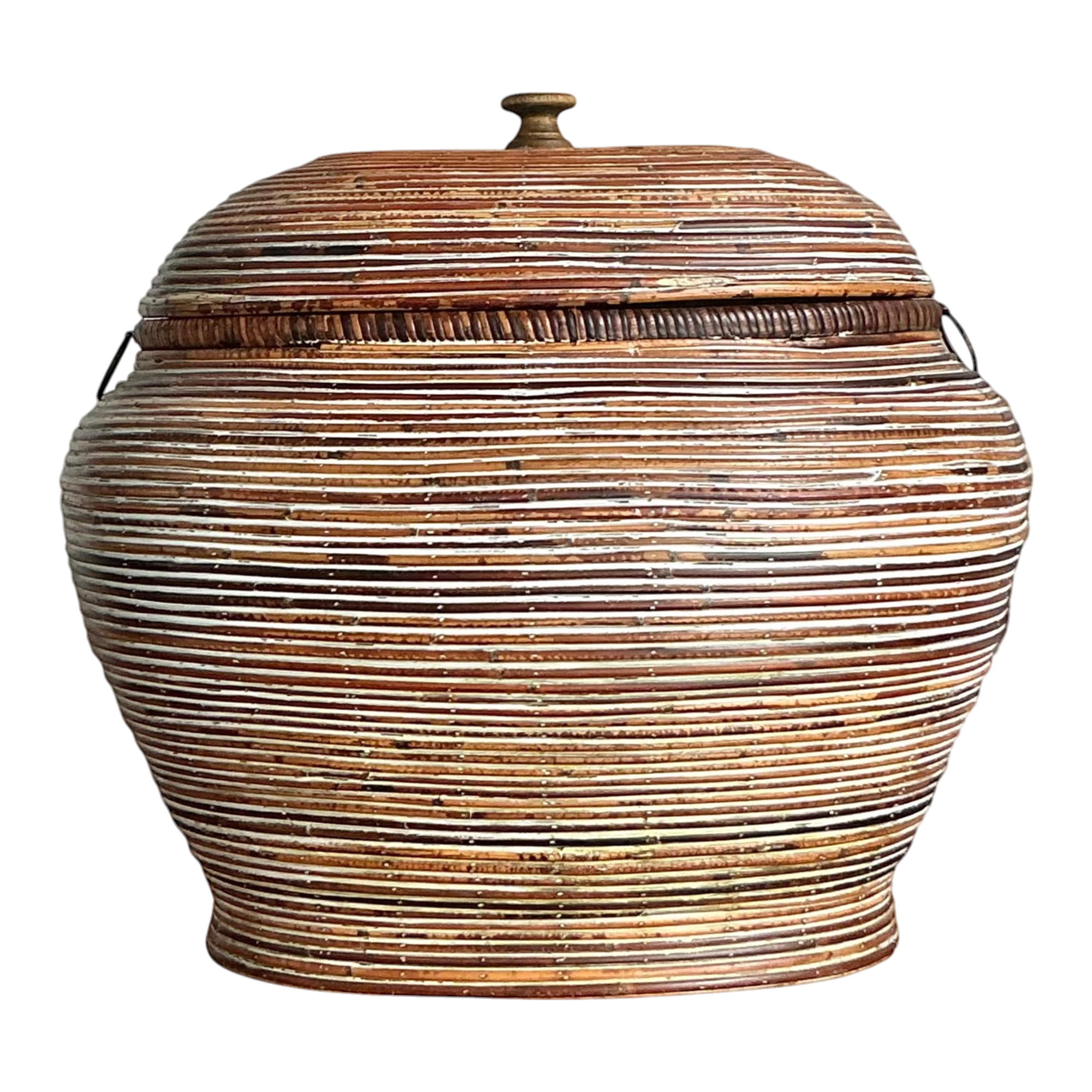 Vintage Boho Monumental Pencil Reed Lidded Basket