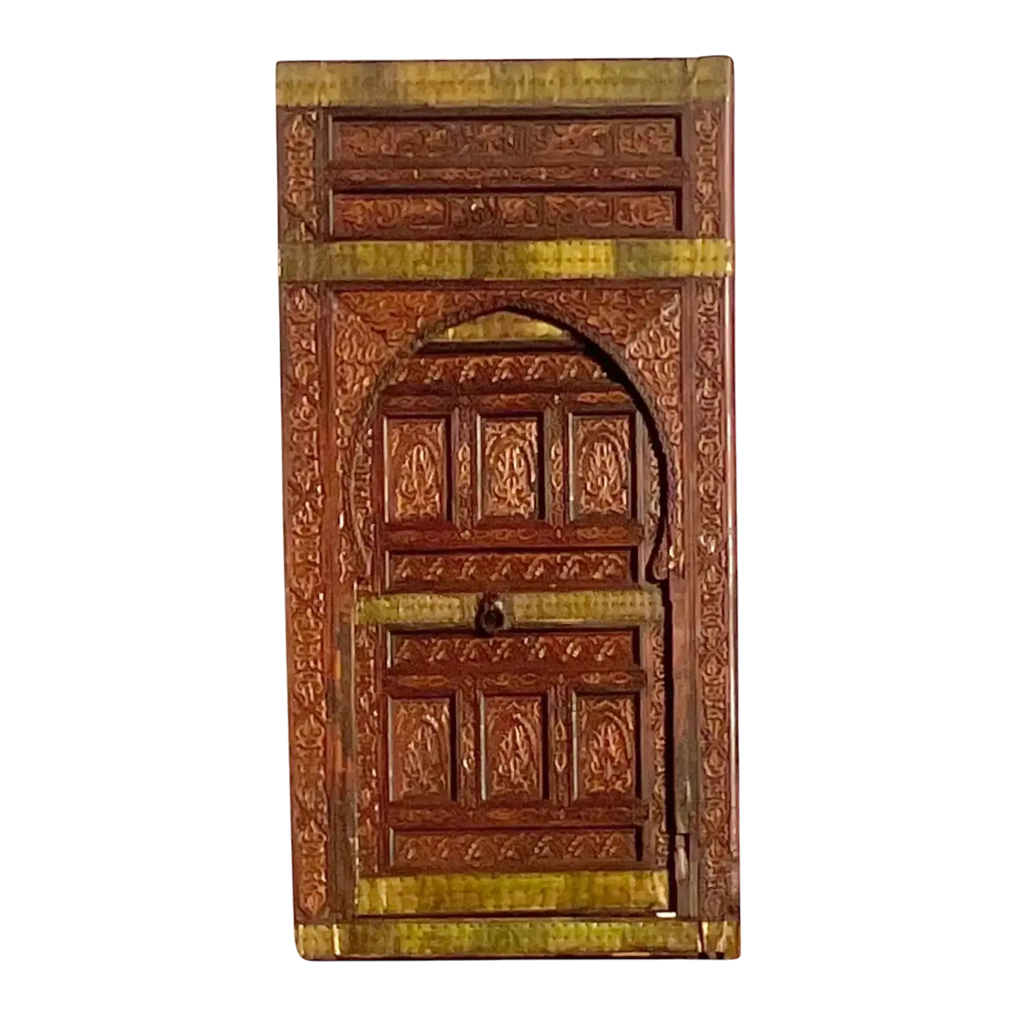 Vintage Boho Moroccan Carved Wooden Door With Brass Detail
