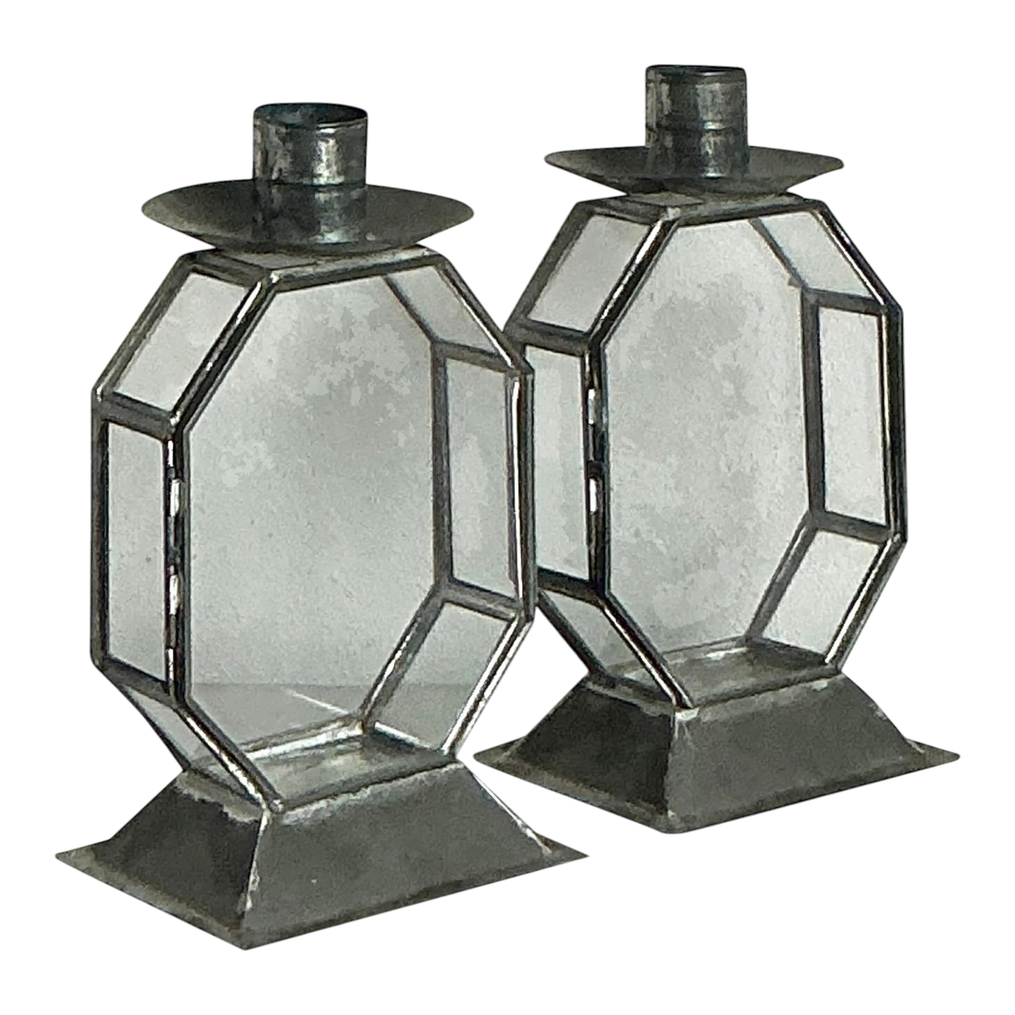 Vintage Boho Octagon Glass Case Candlesticks - A Pair