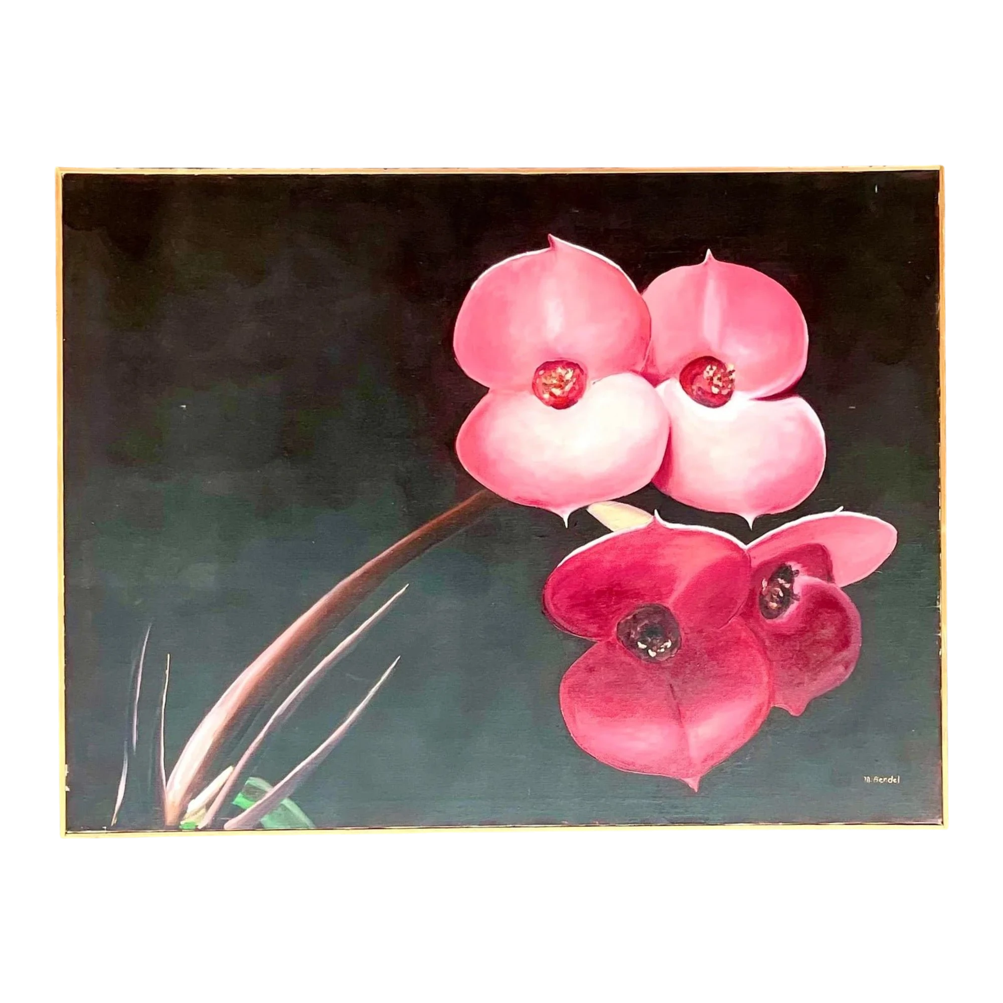 Vintage Boho Op Signed Original Oil Painting of Orchid Blooms