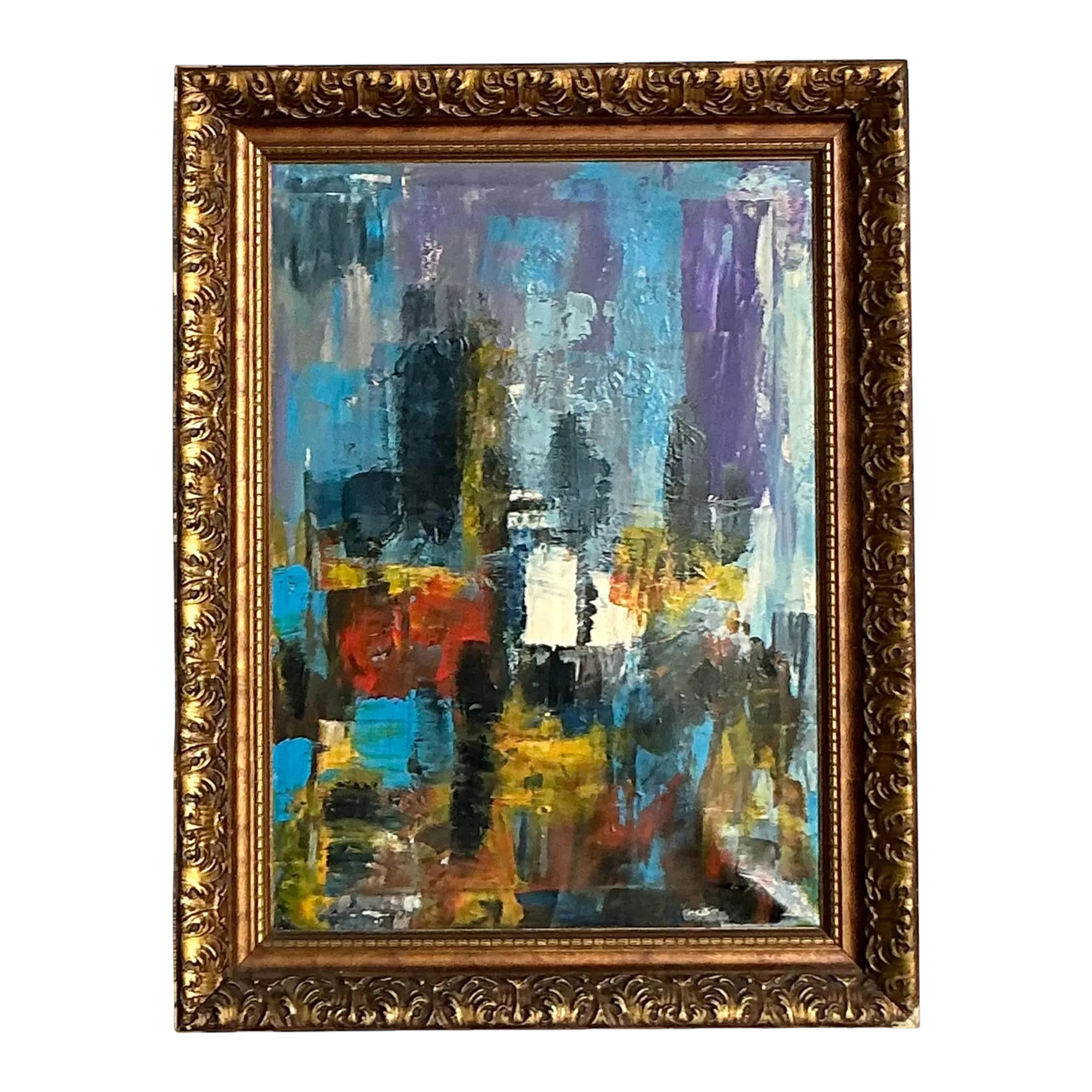 Vintage Boho Original Abstract Oil on Canvas - Wood, 28.75W x 34.5H