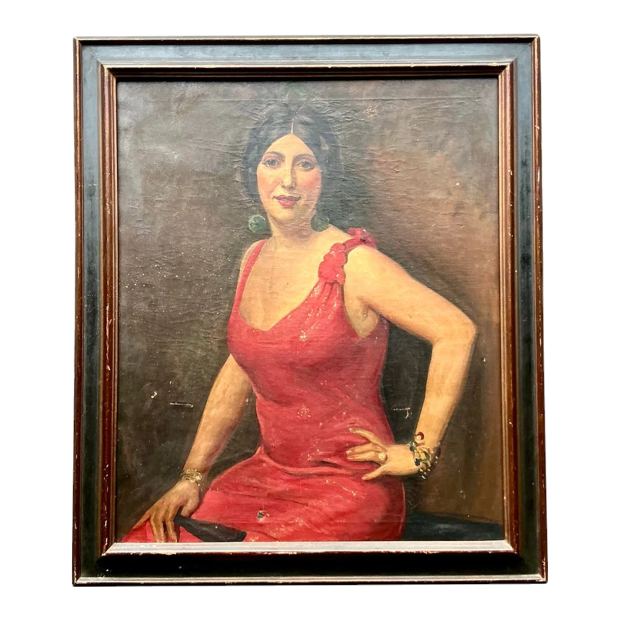 Vintage Boho Original Art Deco Oil Portrait of Woman
