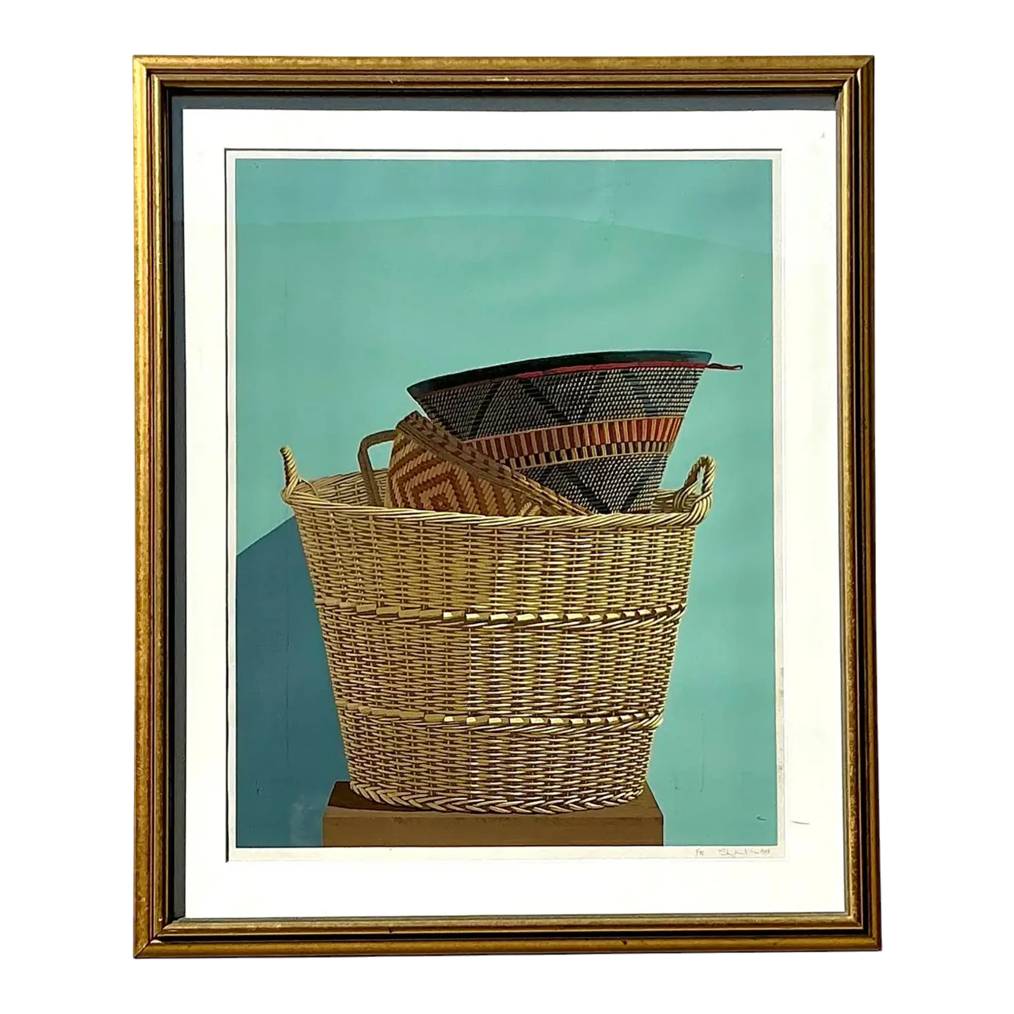 Vintage Boho Original Basket Serigraph on Paper