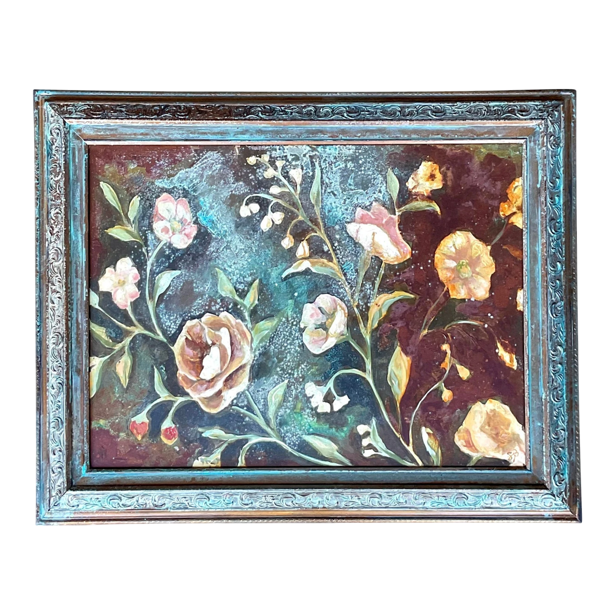 Vintage Boho Original Floral Oil Painting on Board
