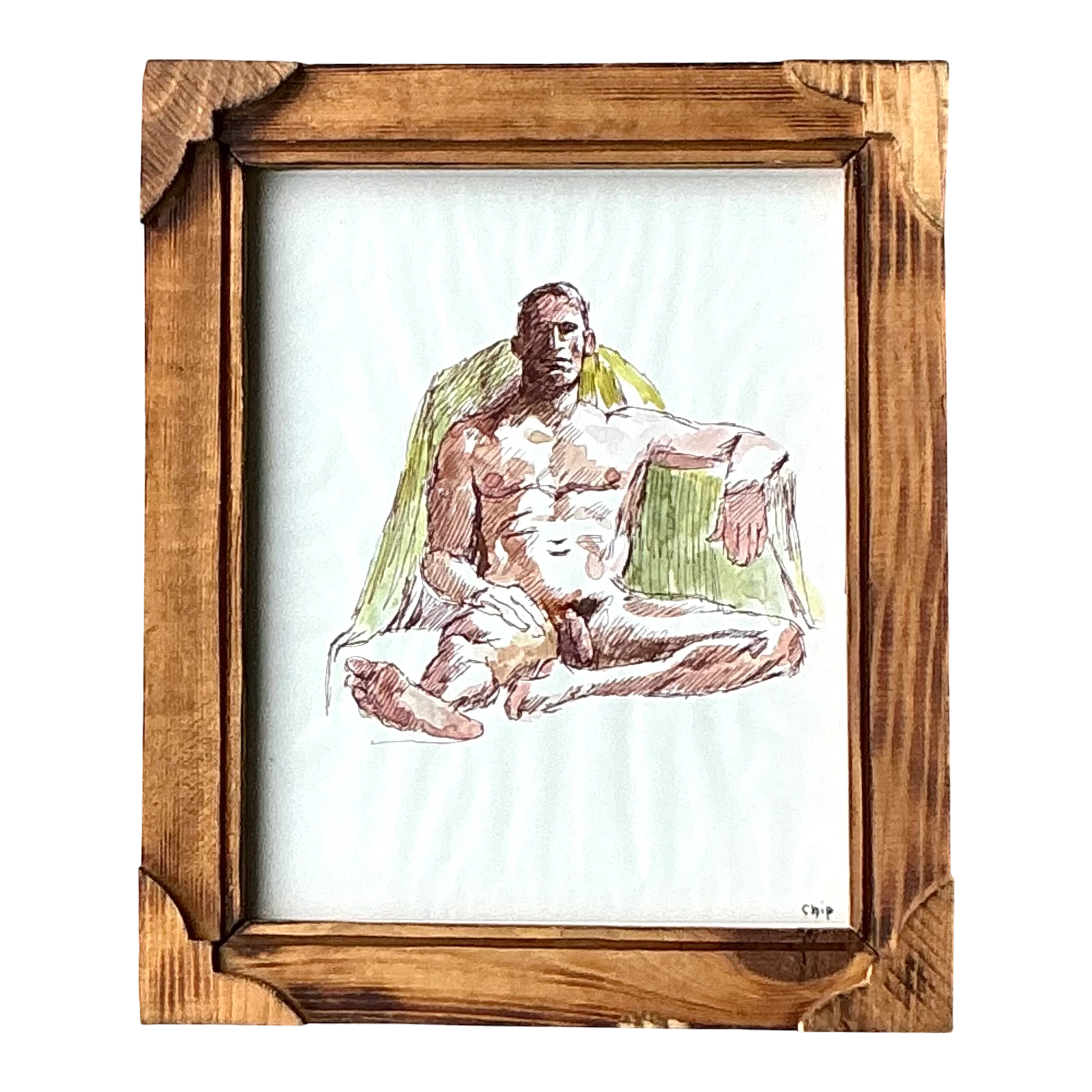Vintage Boho Original Nude Sketch of Man - Paper, 10W x 12H — additional photo 1