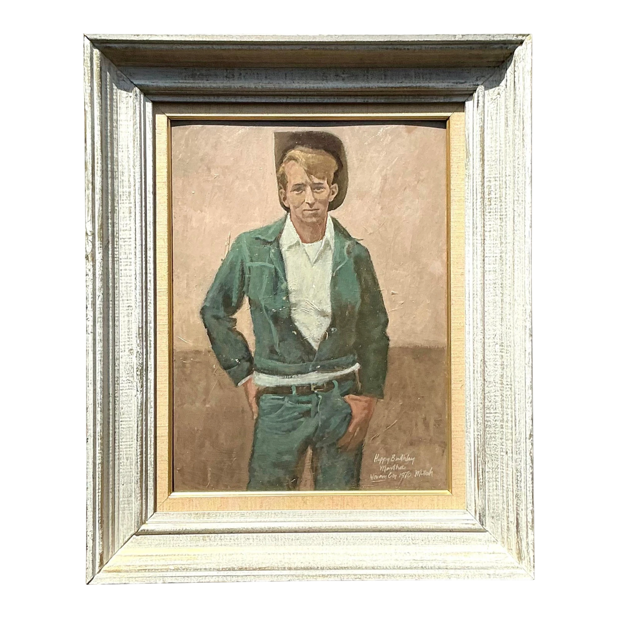 Vintage Boho Original Oil Portrait of Cowboy