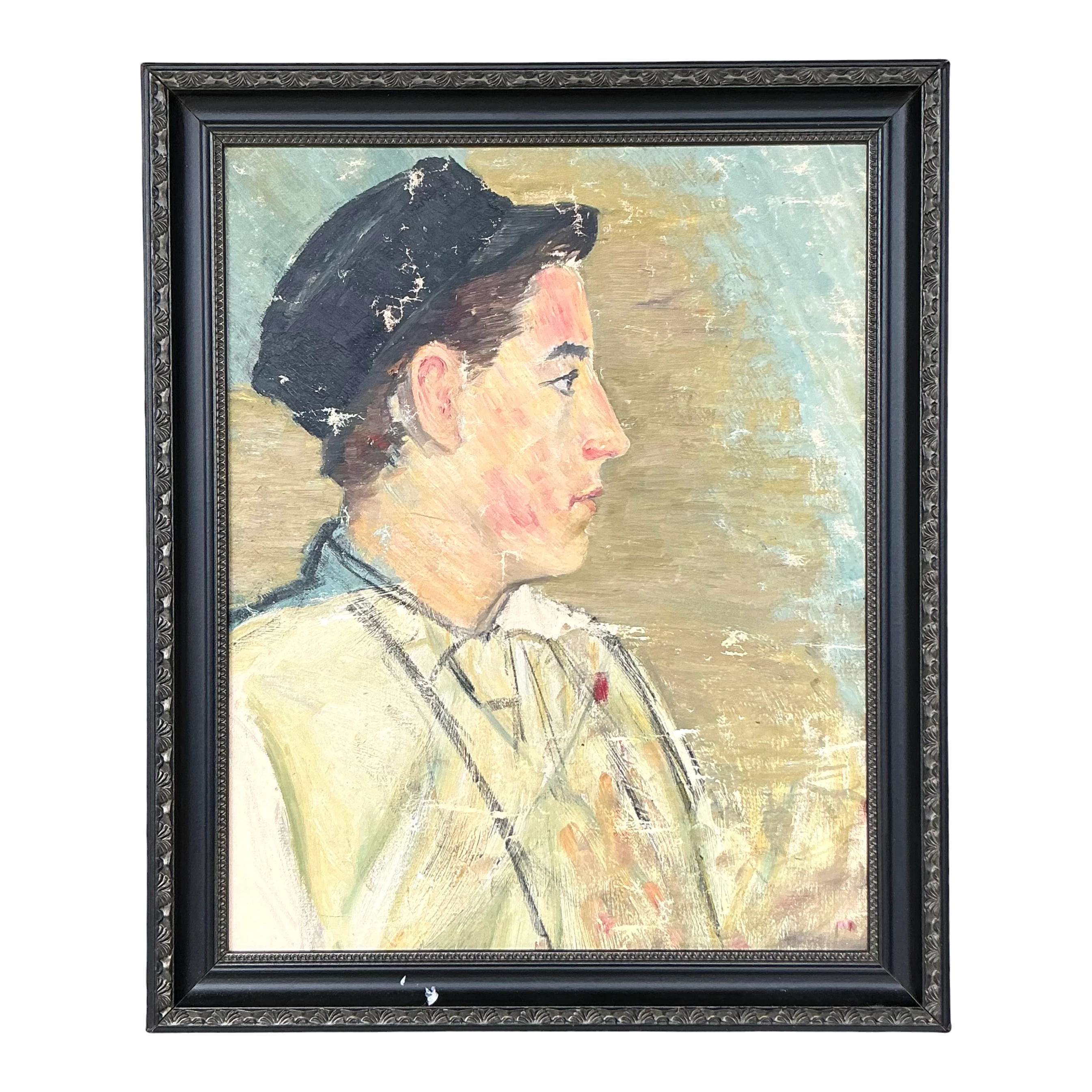 Vintage Boho Original Oil Portrait of Man - Wood, 19.5W x 23.5H