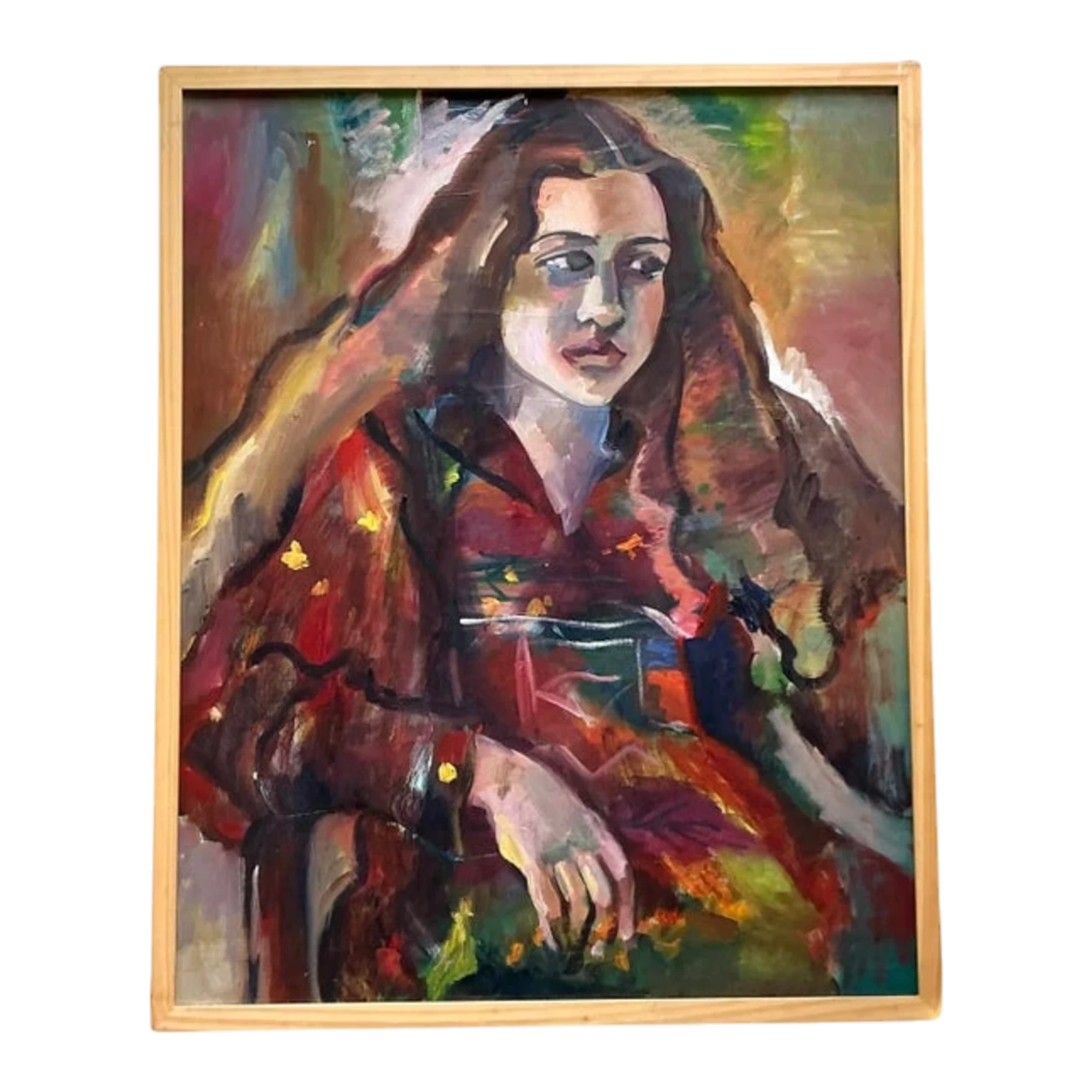 Vintage Boho Original Oil Portrait on Canvas - Wood, 26.5W x 31.25H
