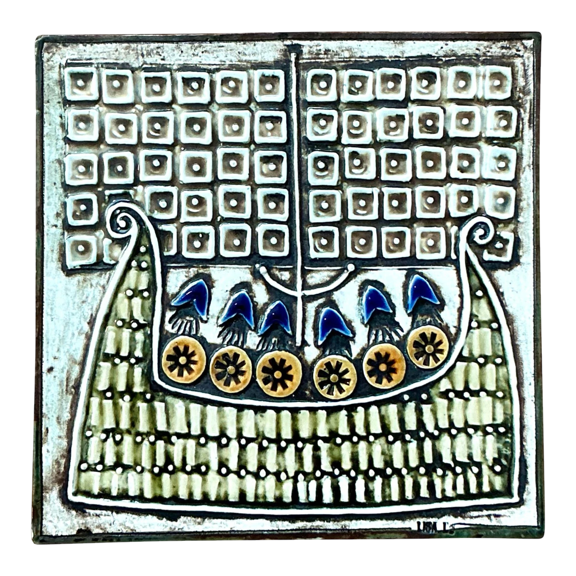 Vintage Boho Original Studio Pottery Viking Ship Tile