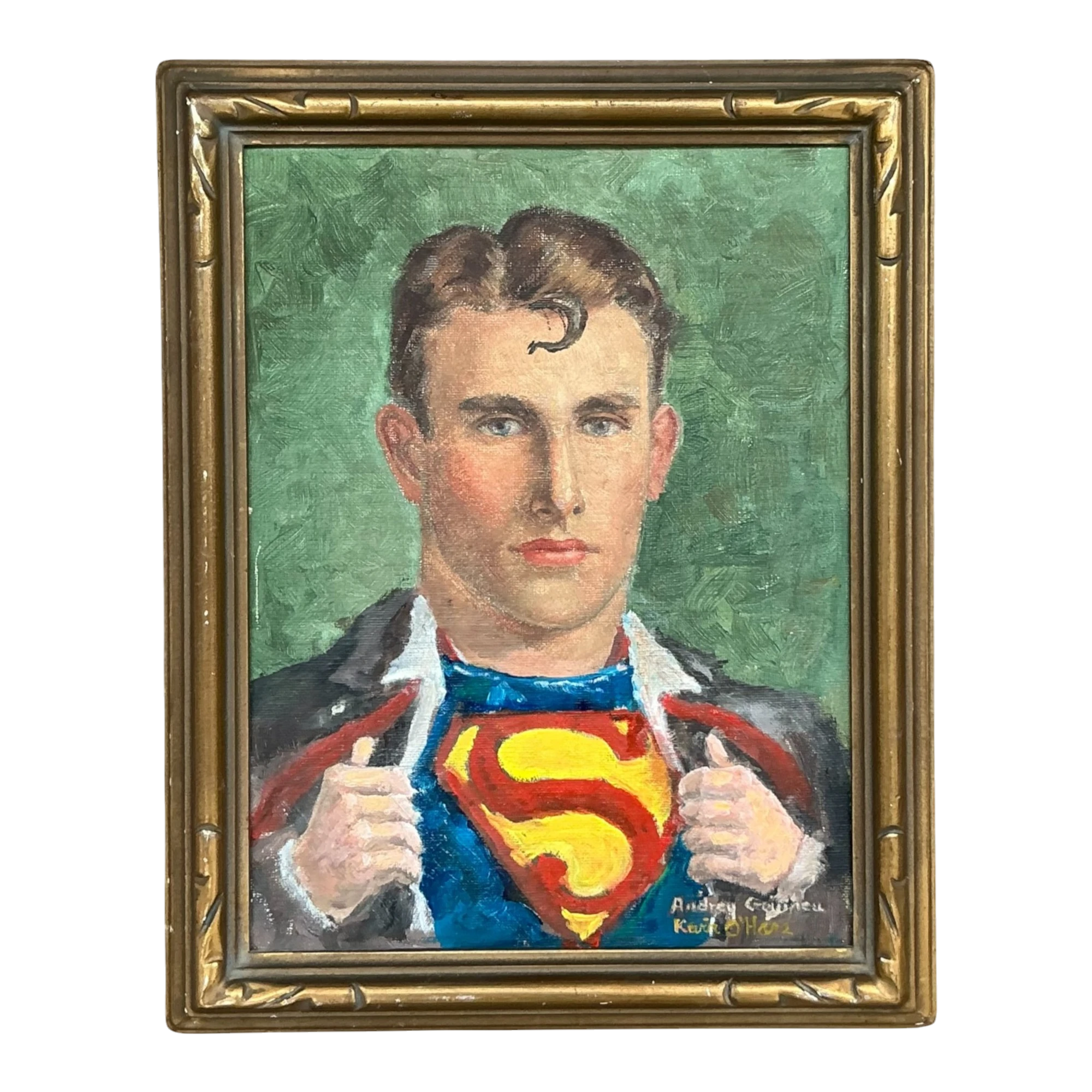 Vintage Boho Original Superman Oil Portrait On Canvas