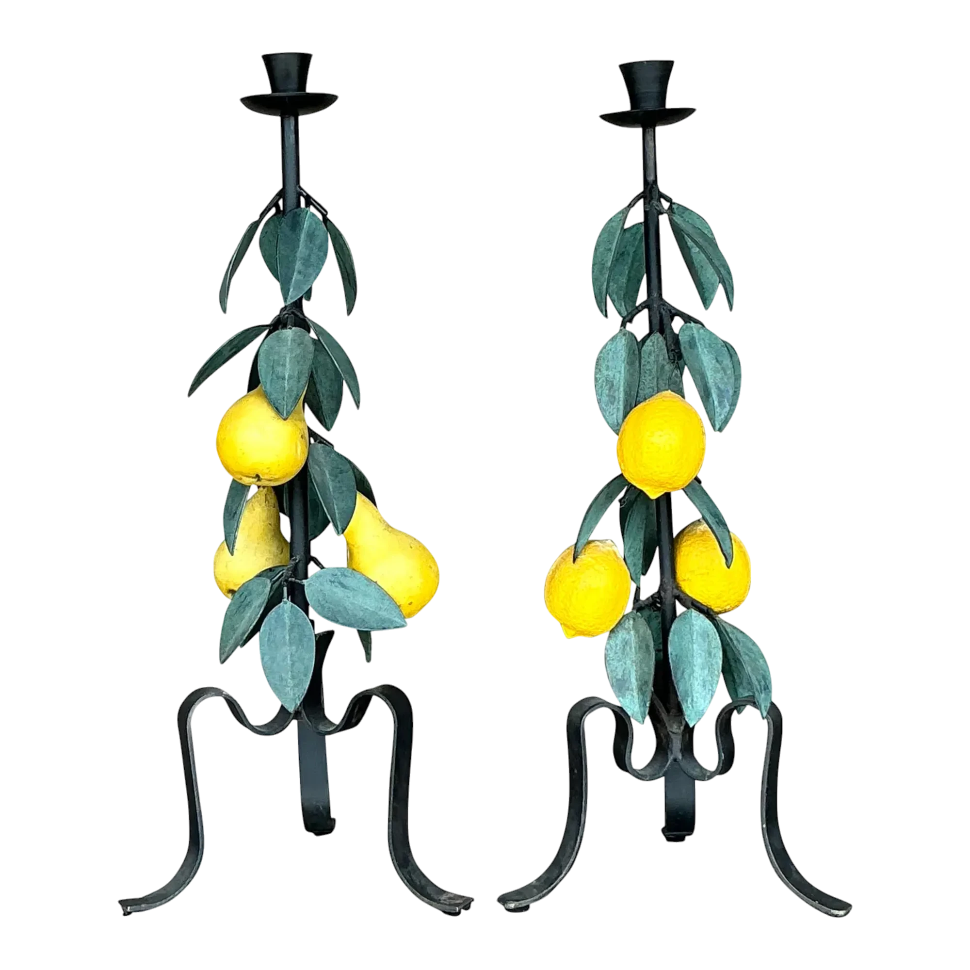 Vintage Boho Painted Metal Lemons and Pears Candlesticks - Set of 2