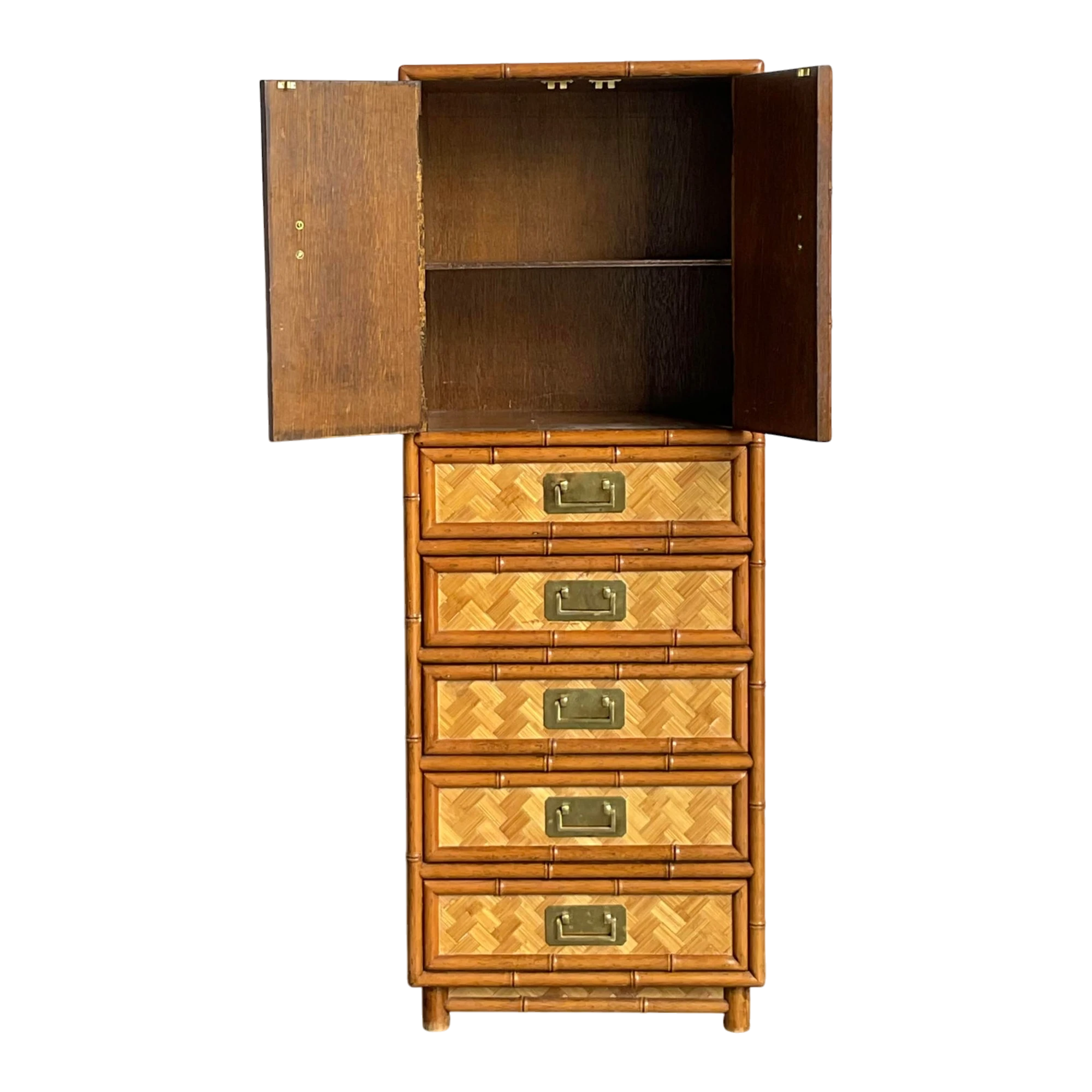 Vintage Boho Parquet Rattan Gentleman’s Chest
