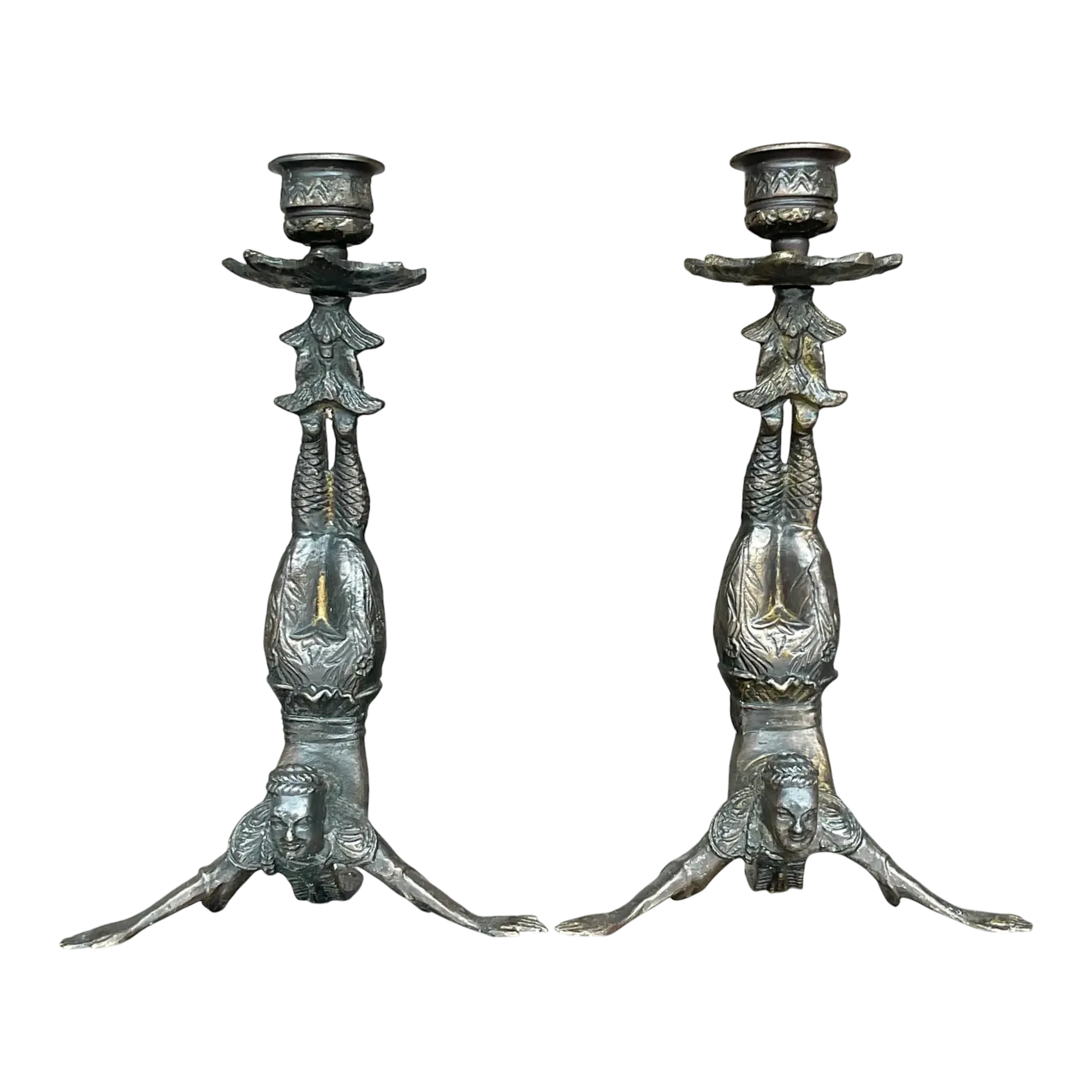 Vintage Boho Patinated Acrobat Candlesticks - a Pair