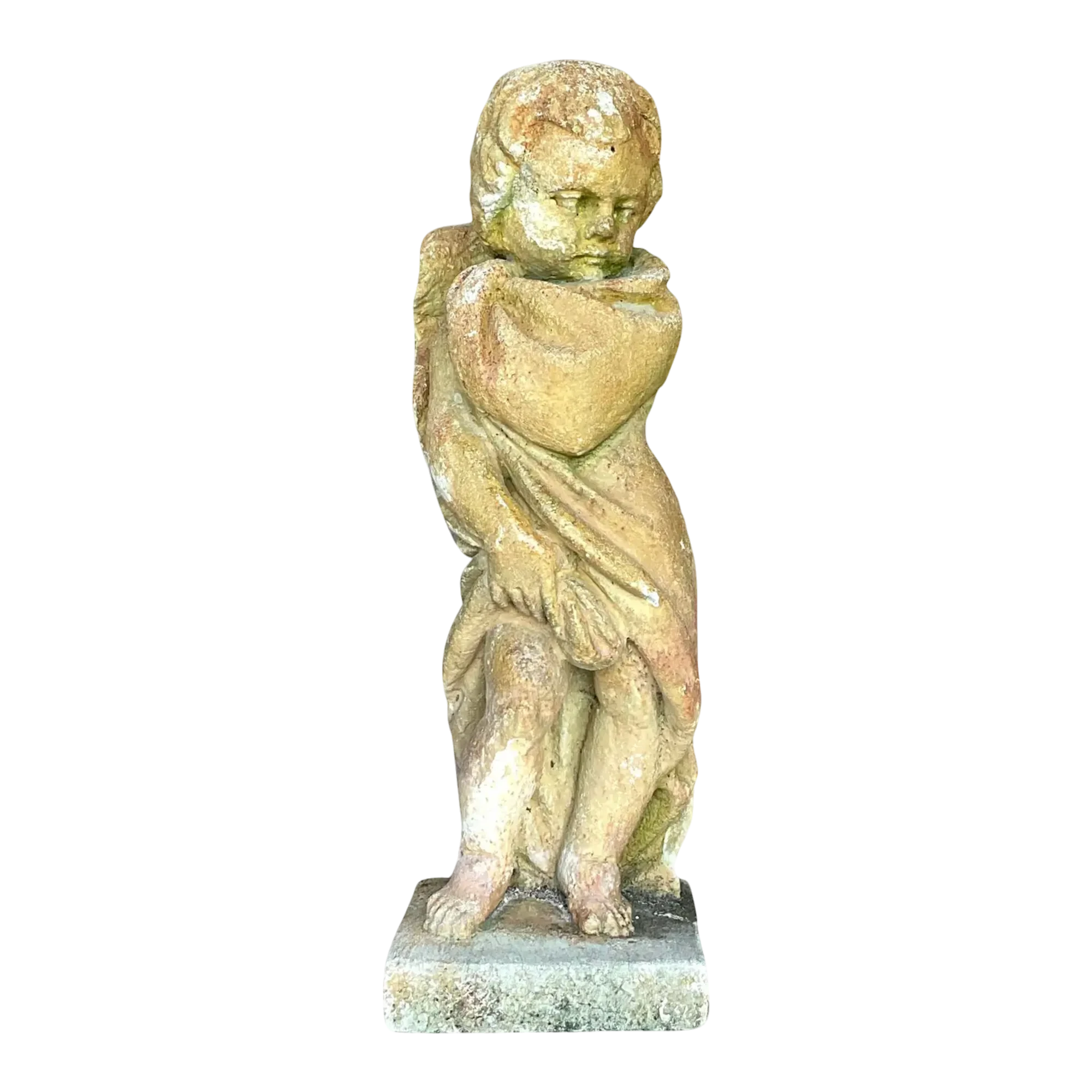 Vintage Boho Patinated Cast Concrete Putti Angel Statue