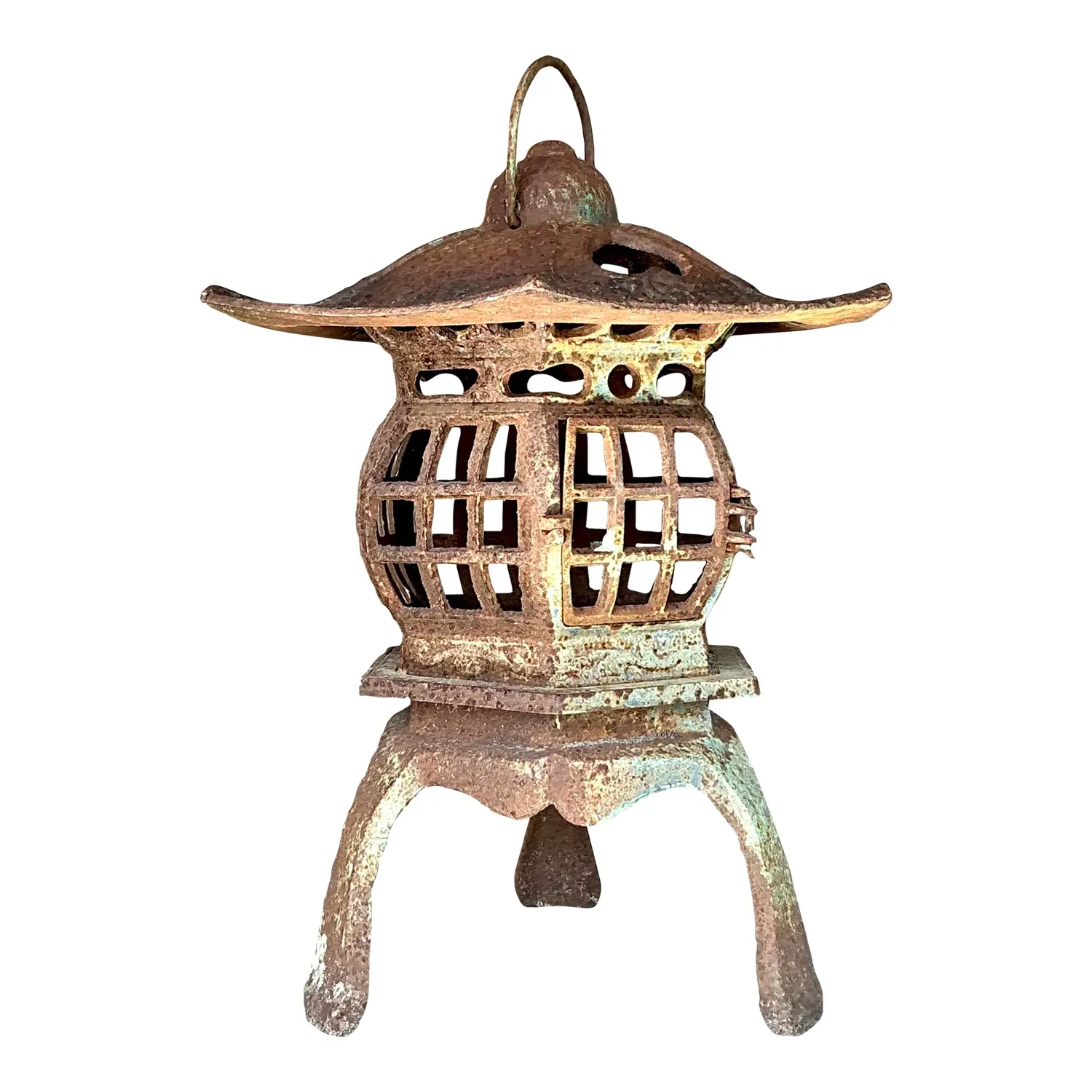 Vintage Boho Patinated Cast Iron Pagoda Lantern