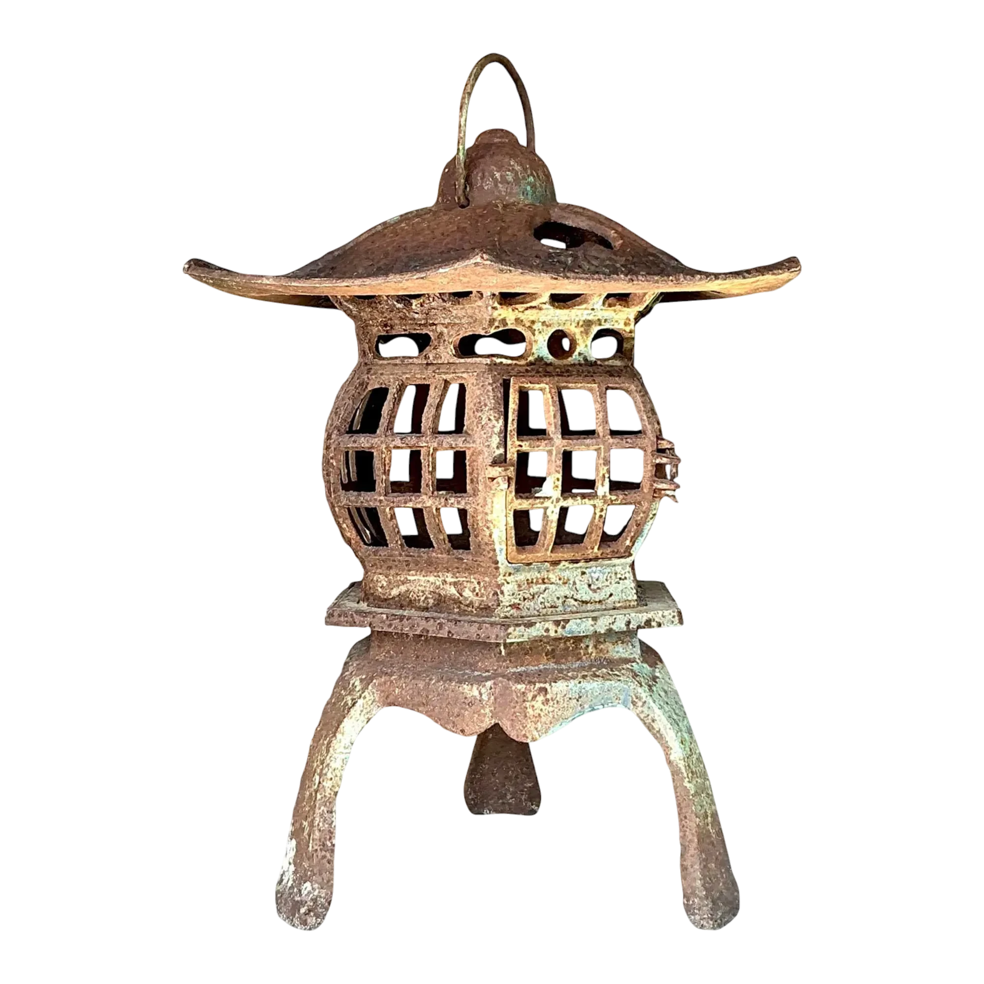 Vintage Boho Patinated Cast Iron Pagoda Lantern