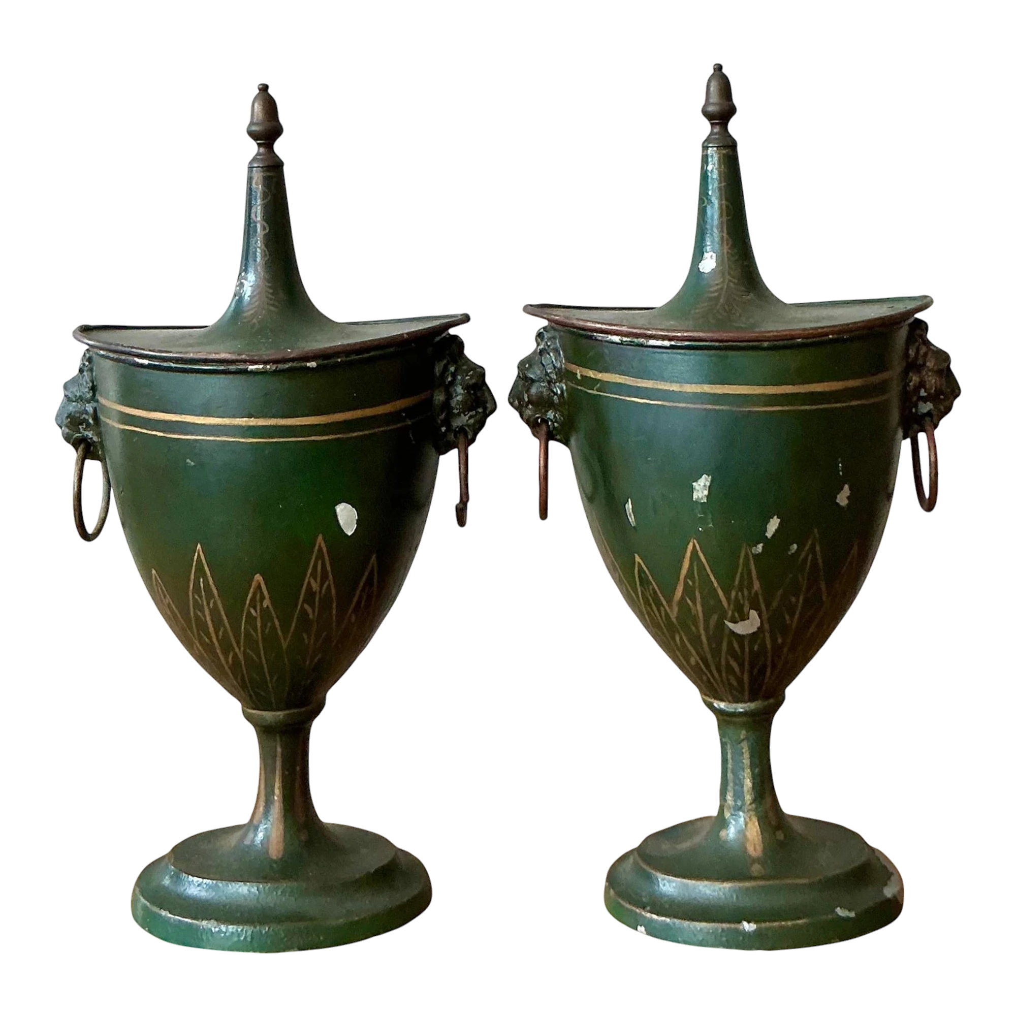 Vintage Boho Patinated French Tole Urns - A Pair