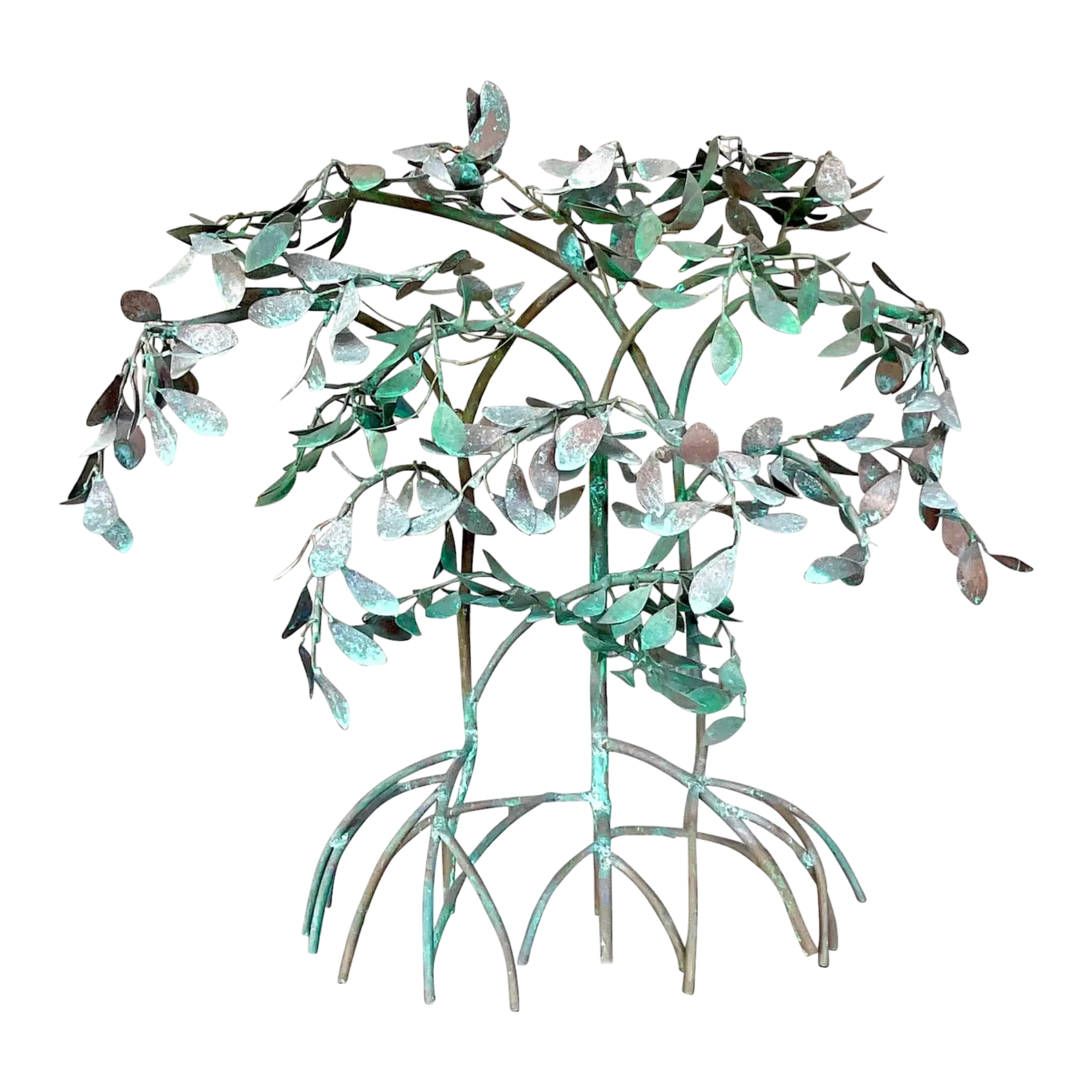 Vintage Boho Patinated Metal Mangrove Wall Sculpture