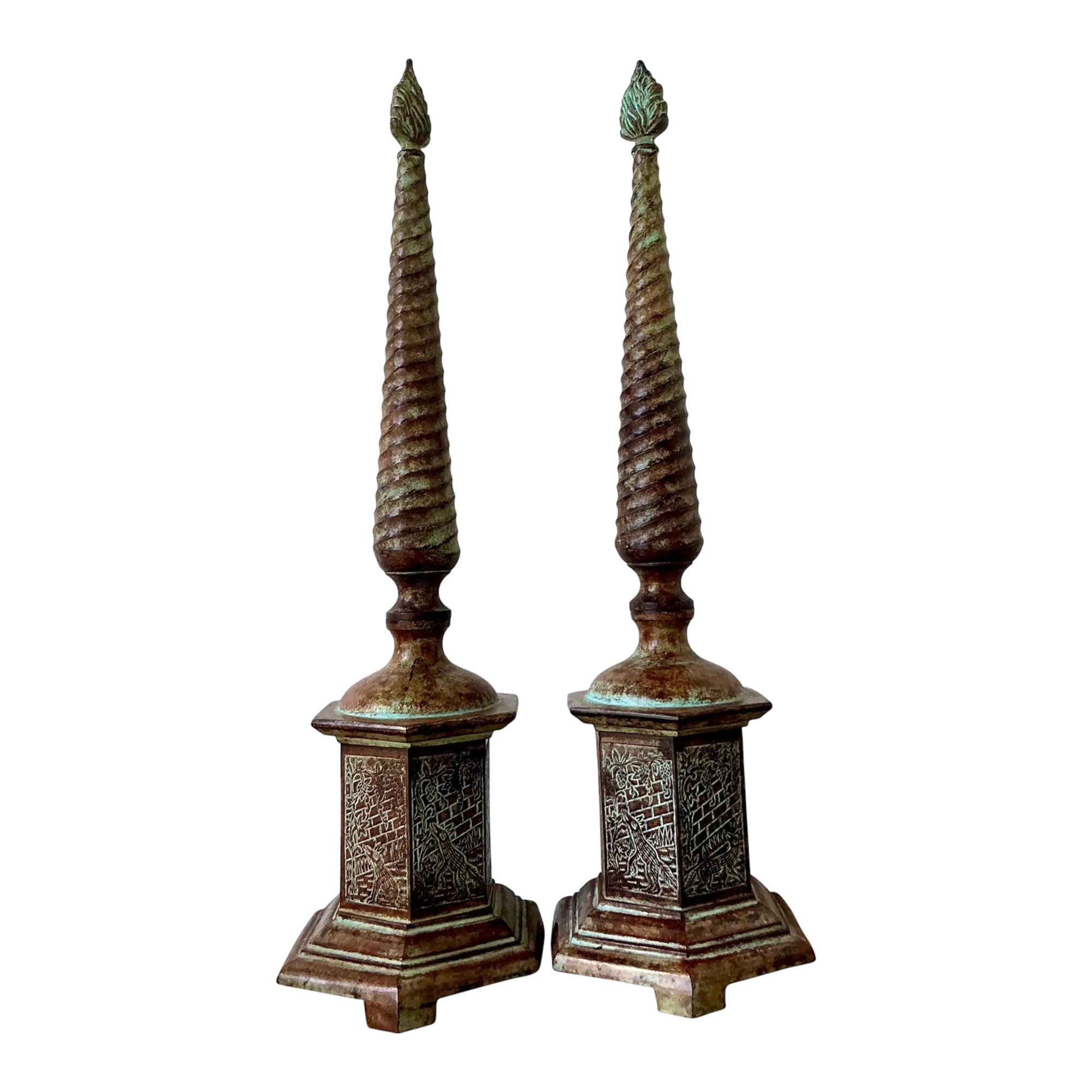 Vintage Boho Patinated Metal Obelisks - A Pair