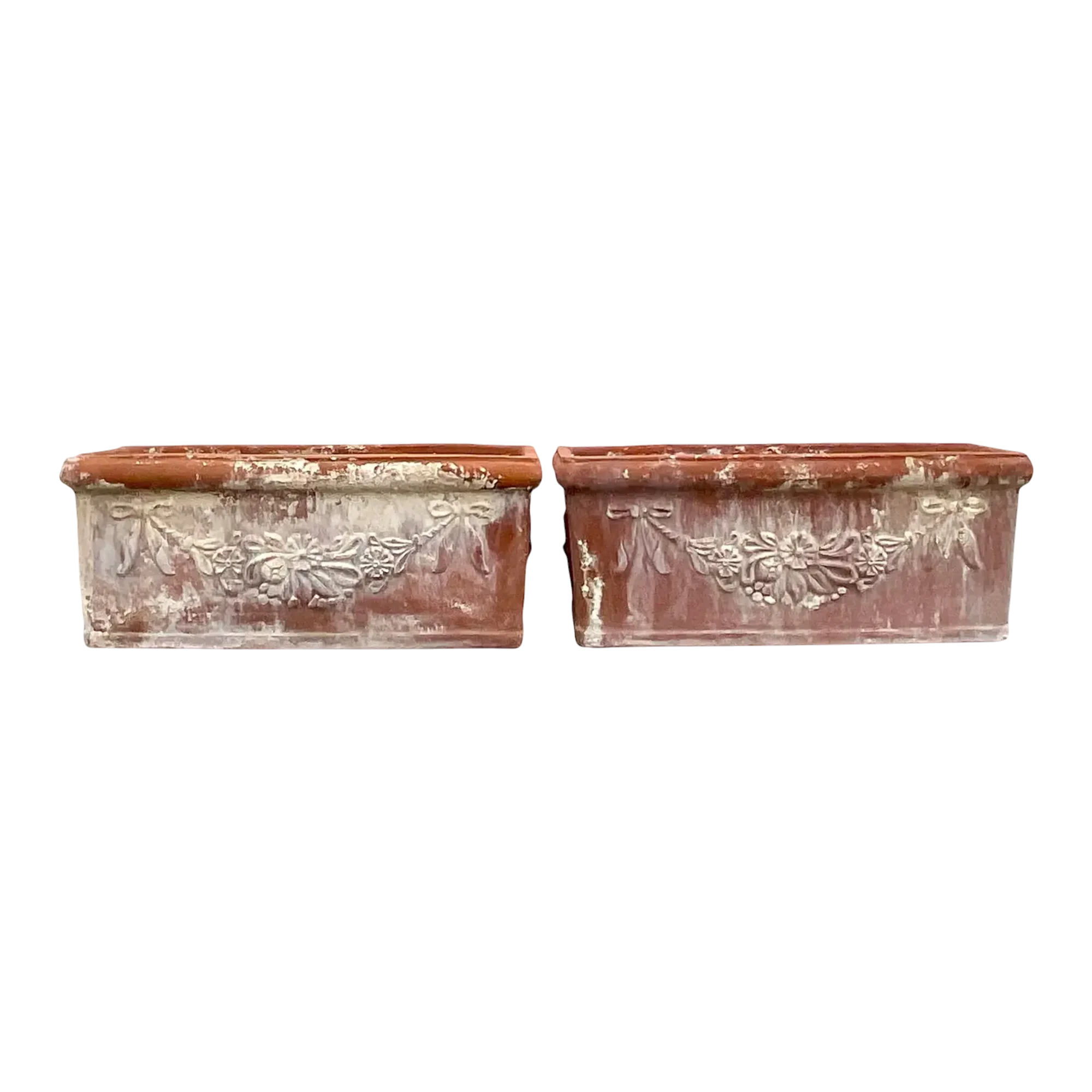 Vintage Boho Patinated Terra Cotta Planter Boxes - a Pair