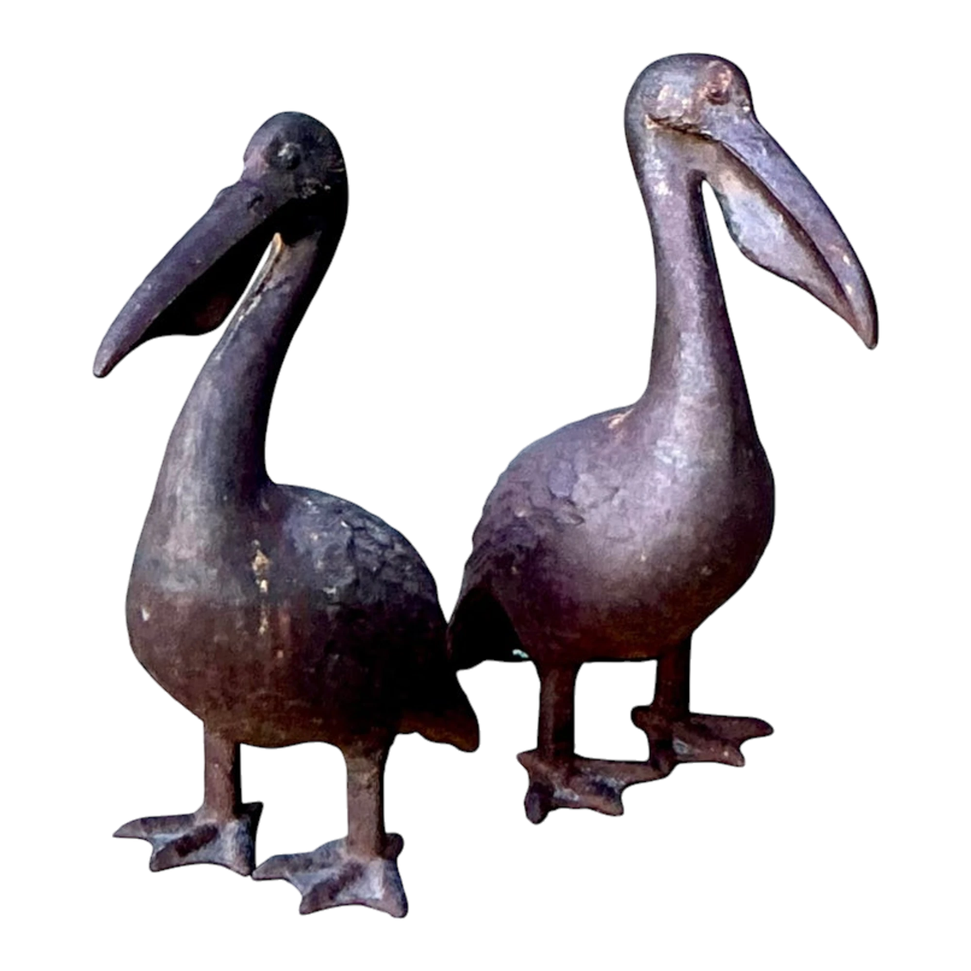 Vintage Boho Patinated Wrought Iron Pelicans - Set of 2