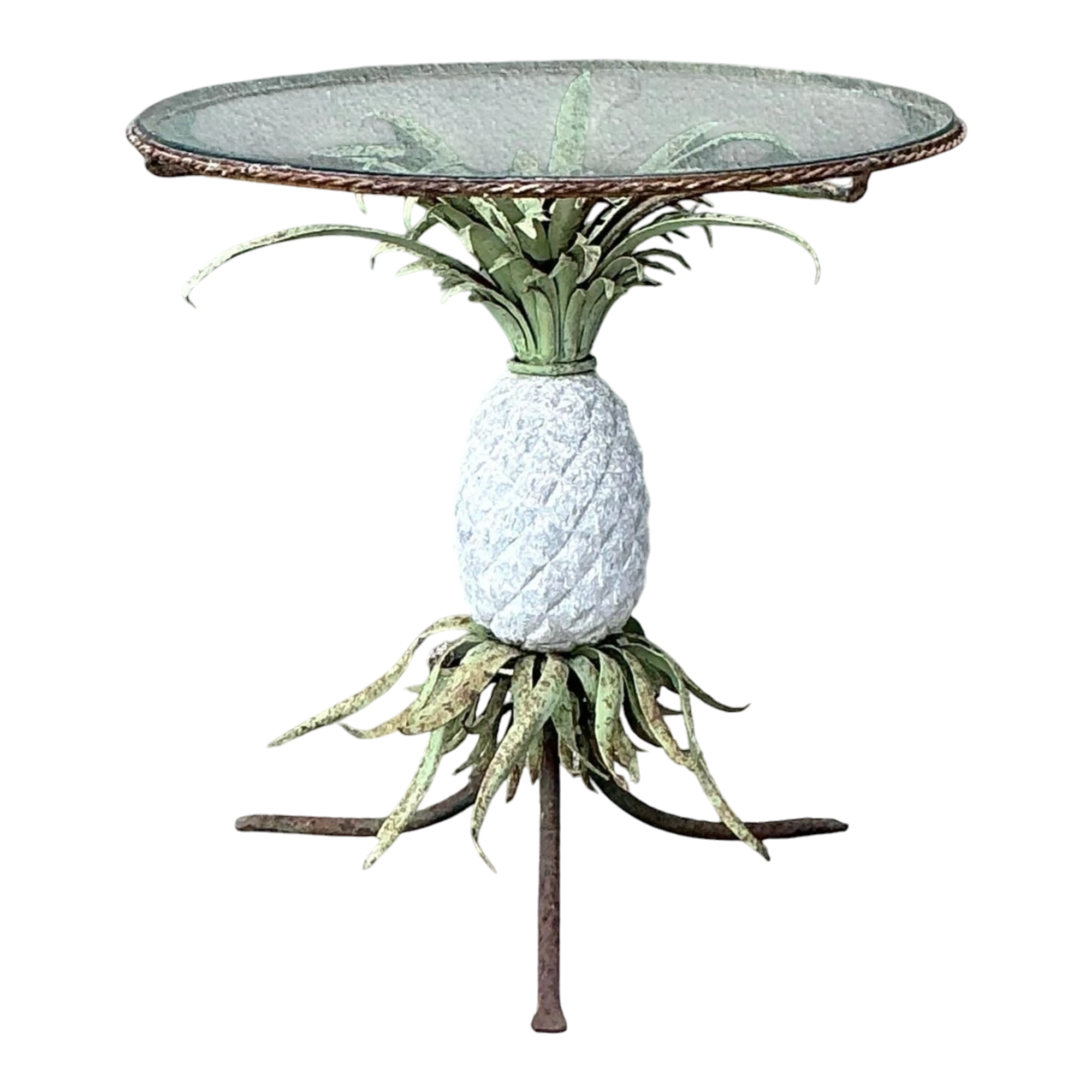 Vintage Boho Patinated Wrought Iron Pineapple Table