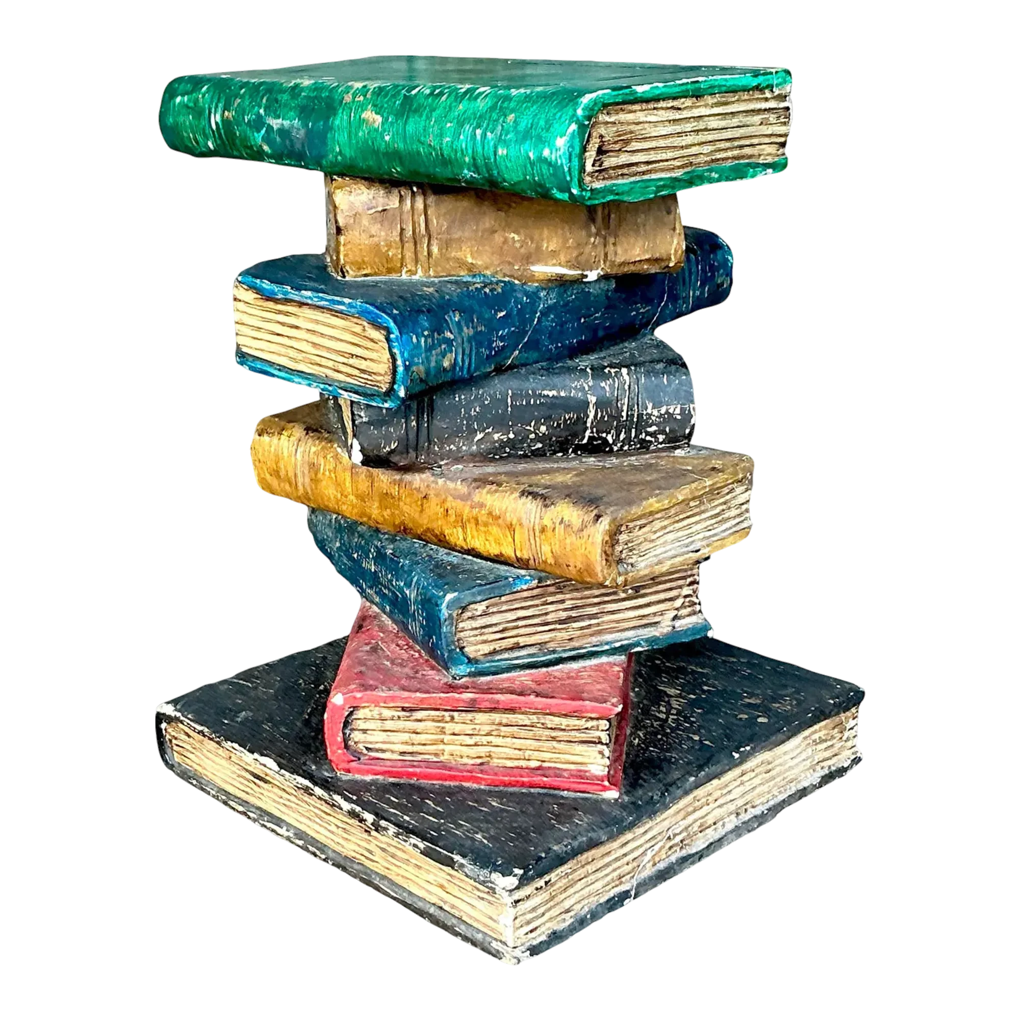 Vintage Boho Polychrome Plaster Stacked Books Side Table