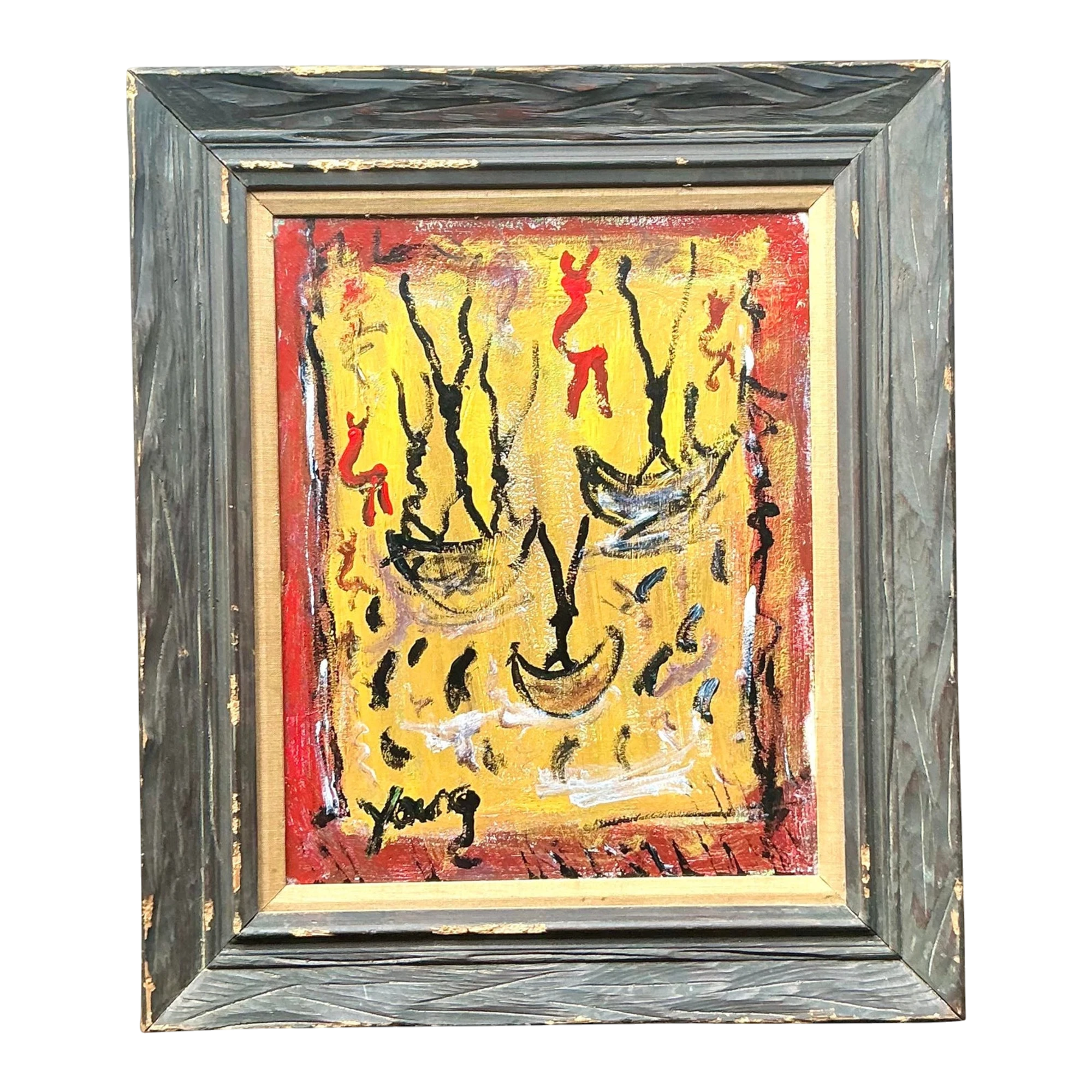 Vintage Boho Purvis Young Abstract Figurative Oil on Canvas