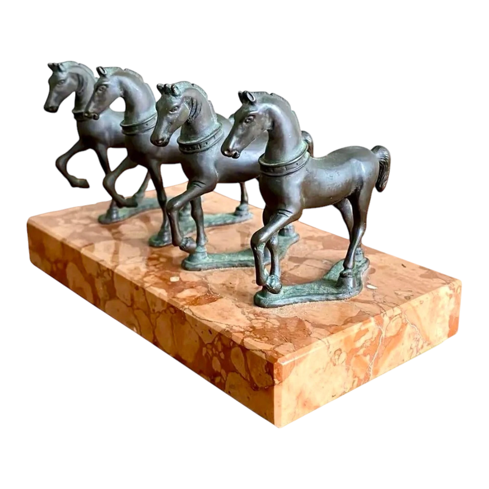 Vintage Boho Quadruple Bronze Horse Statute on Marble Base