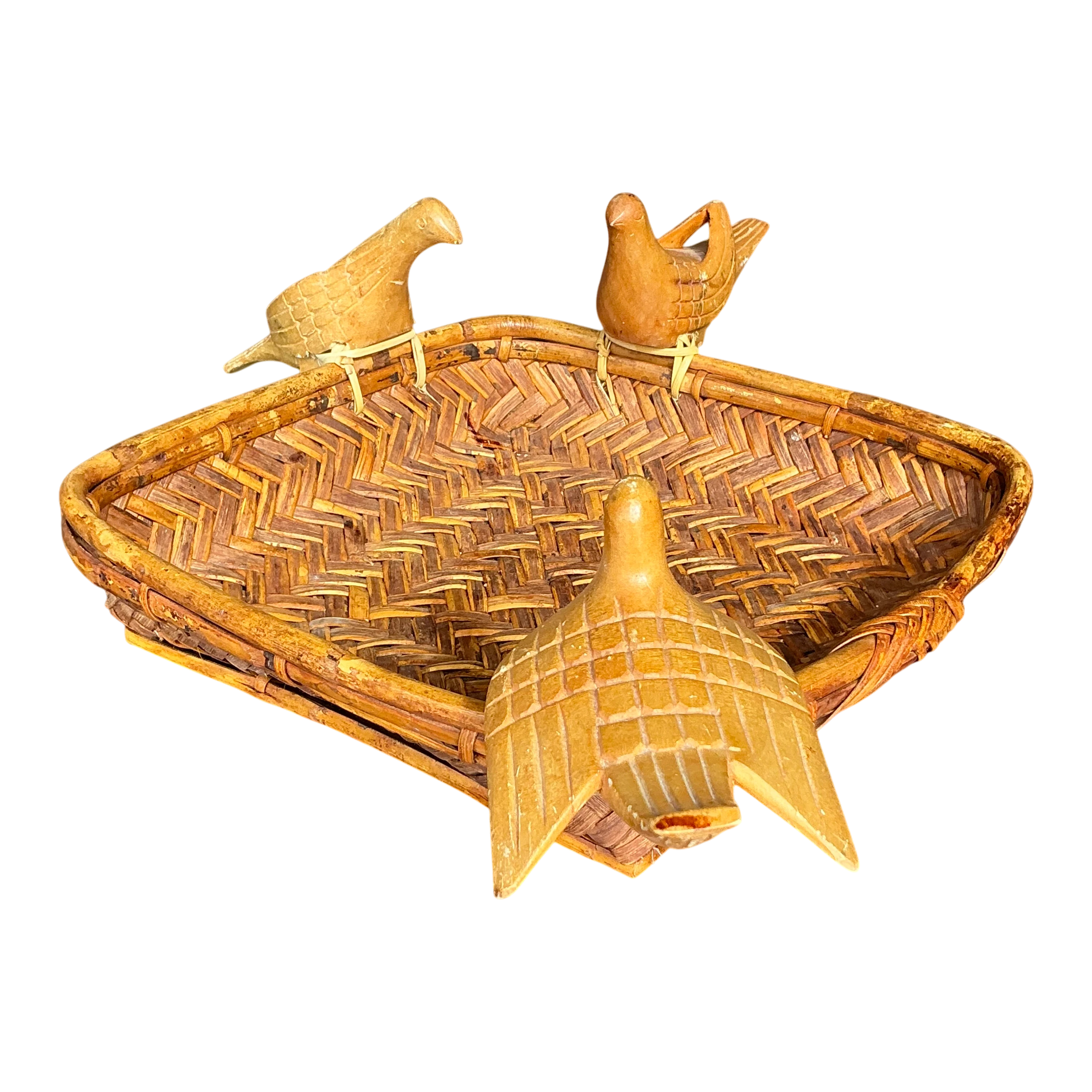 Vintage Boho Rattan Basket with Birds
