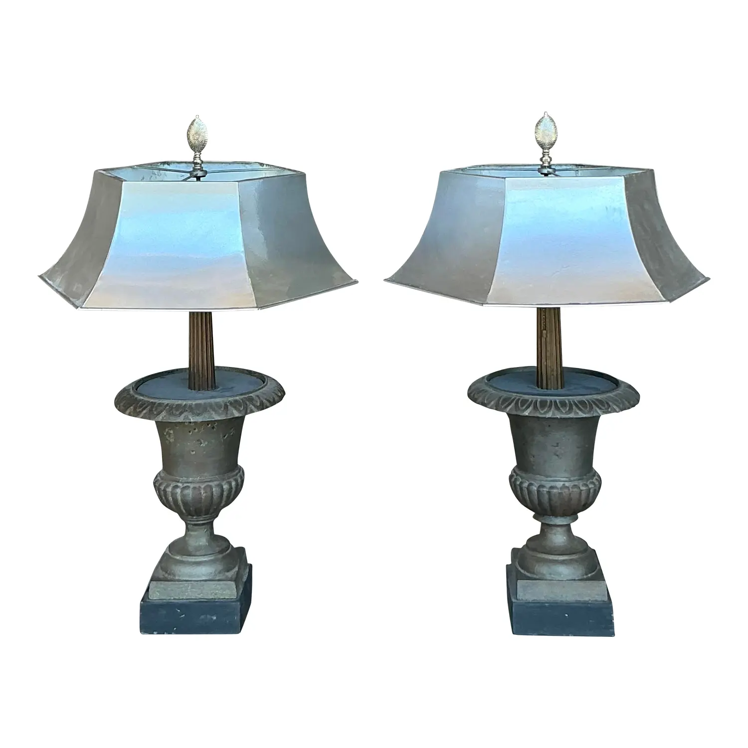 Vintage Boho Remaudier Urn Lamps With Metal Shades - A Pair