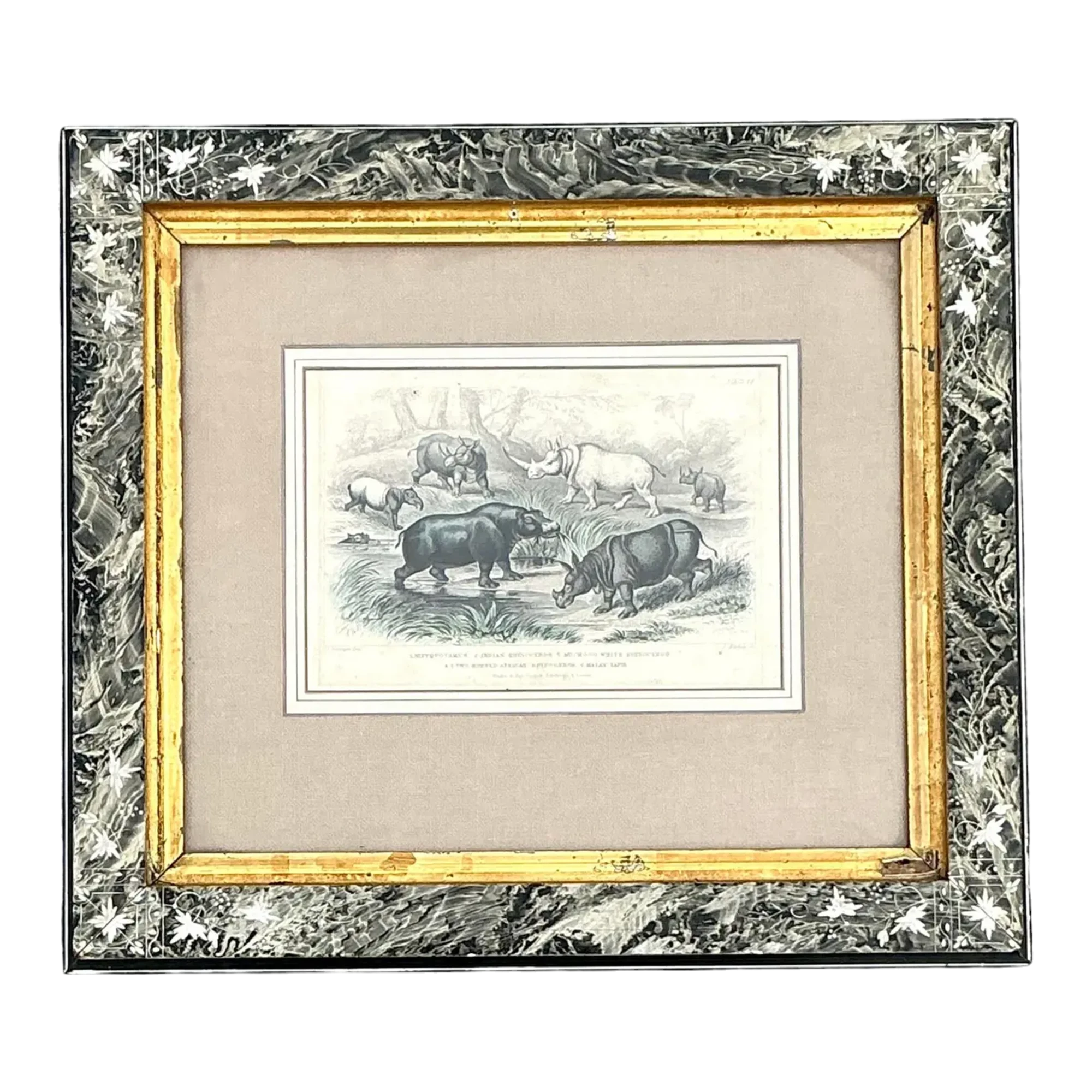 Vintage Boho Rhino Engraving in Carved Frame