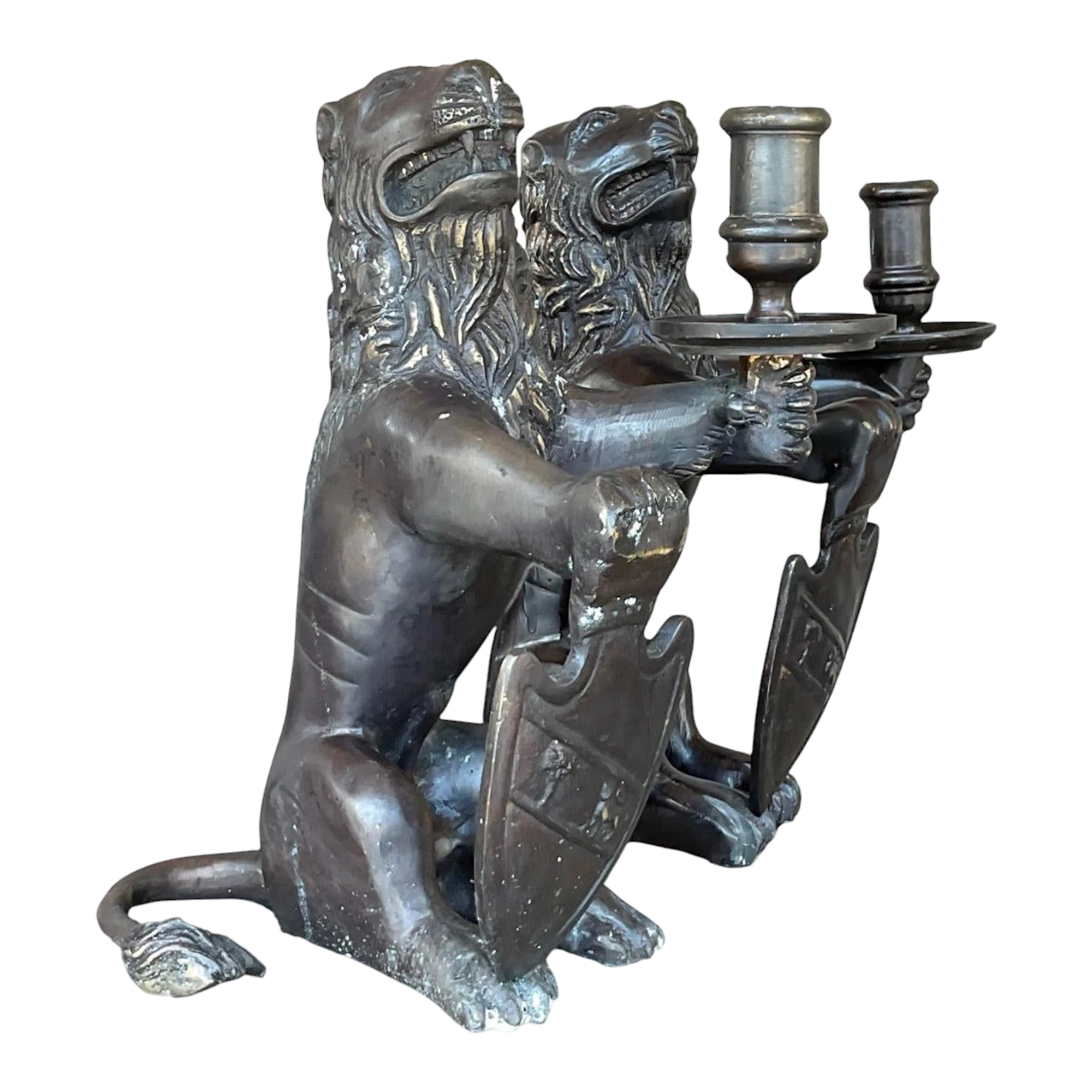 Vintage Boho Sarreid Bronze Heraldic Lion Candlesticks - A Pair