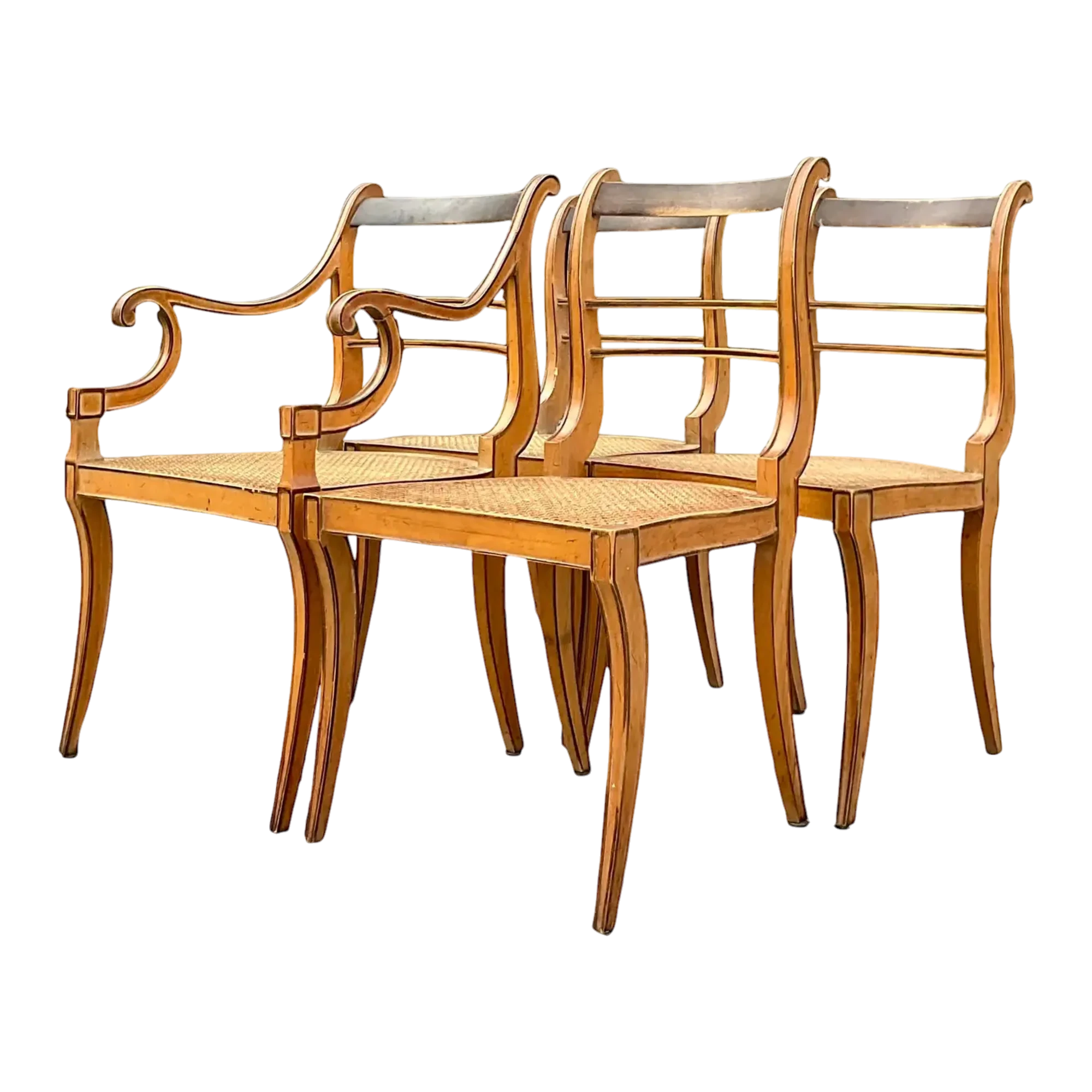 Vintage Boho Scroll Back Cane Dining Chairs - Set of Four