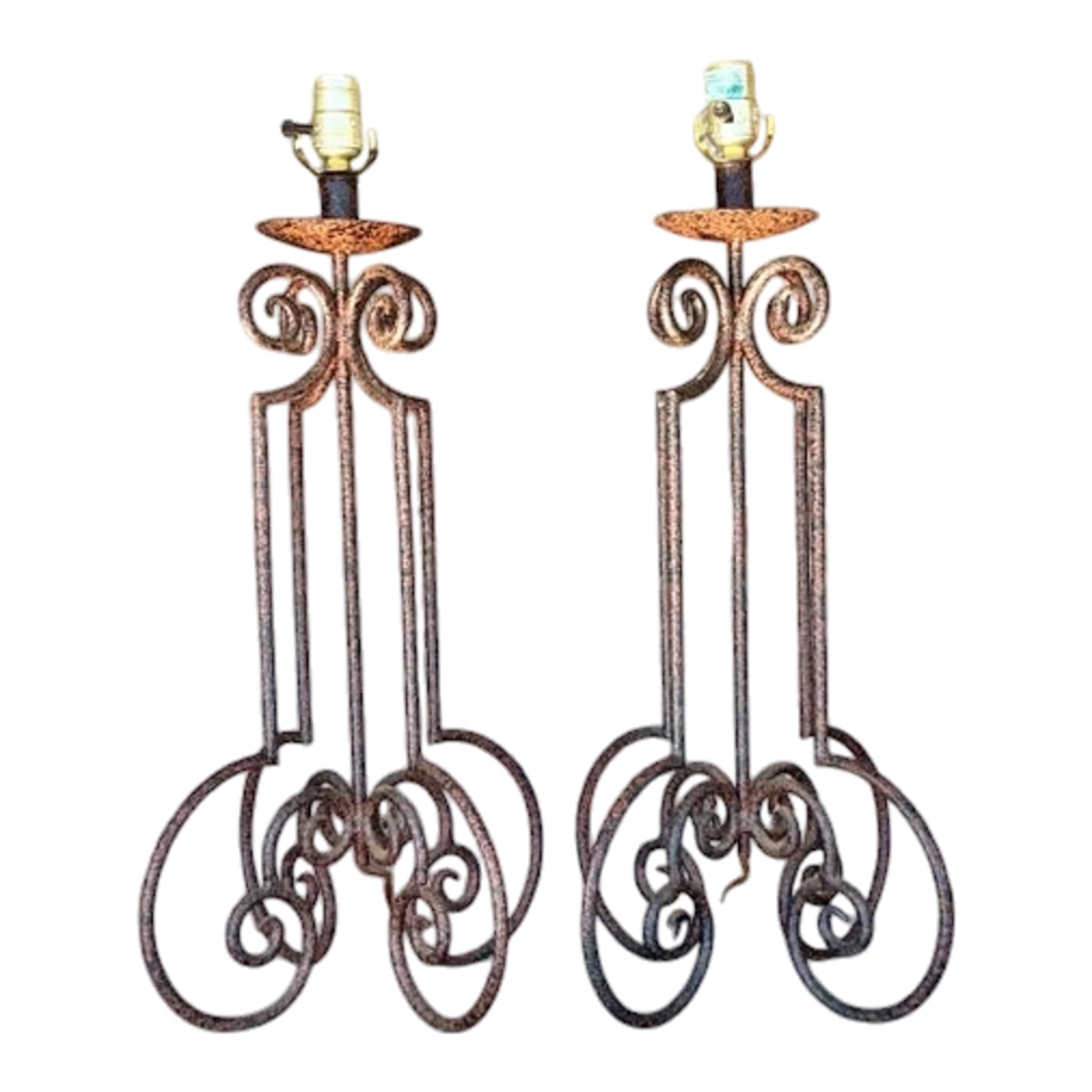 Vintage Boho Scroll Metal Column Lamps - a Pair