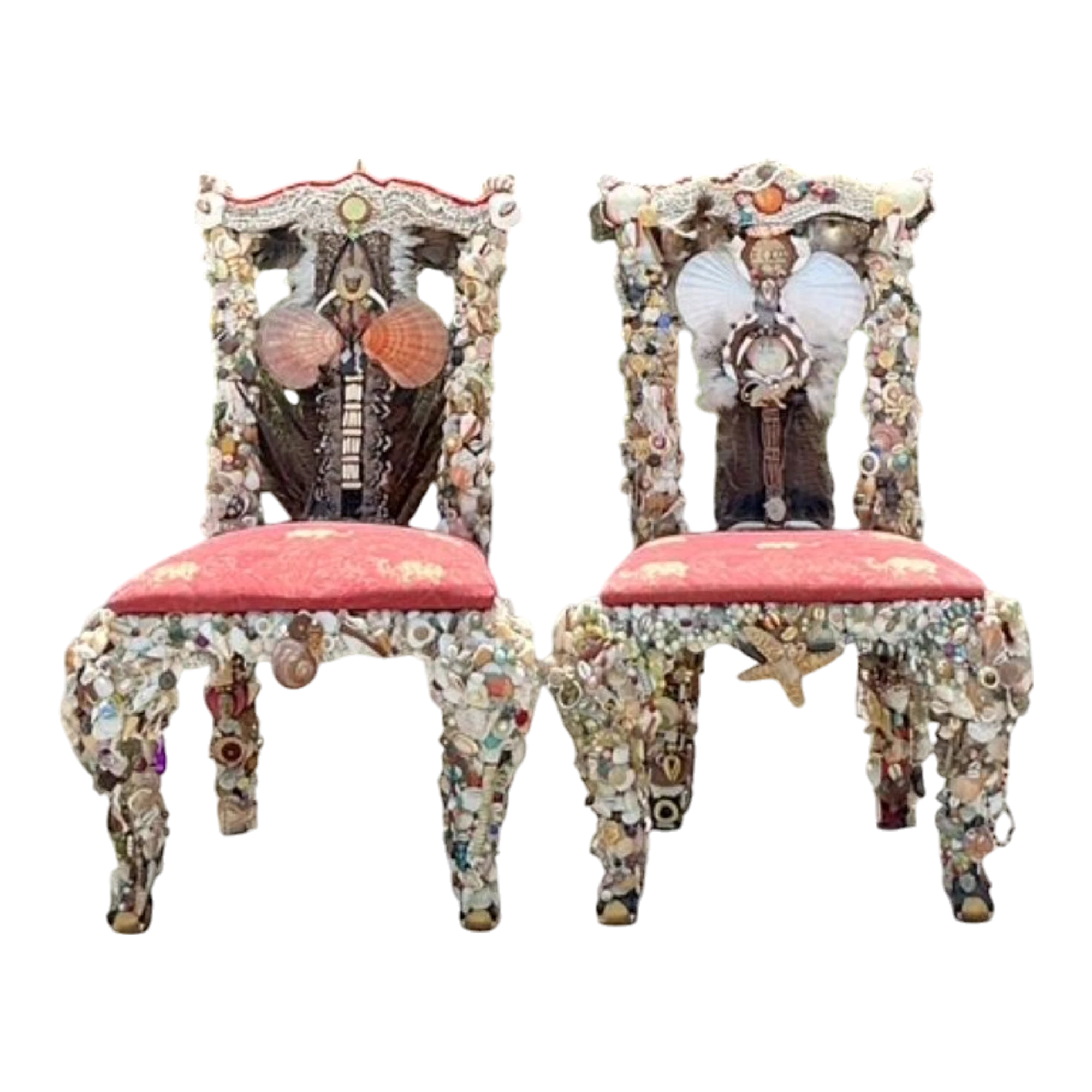 Vintage Boho Shell Encrusted Artisan Chairs - A Pair