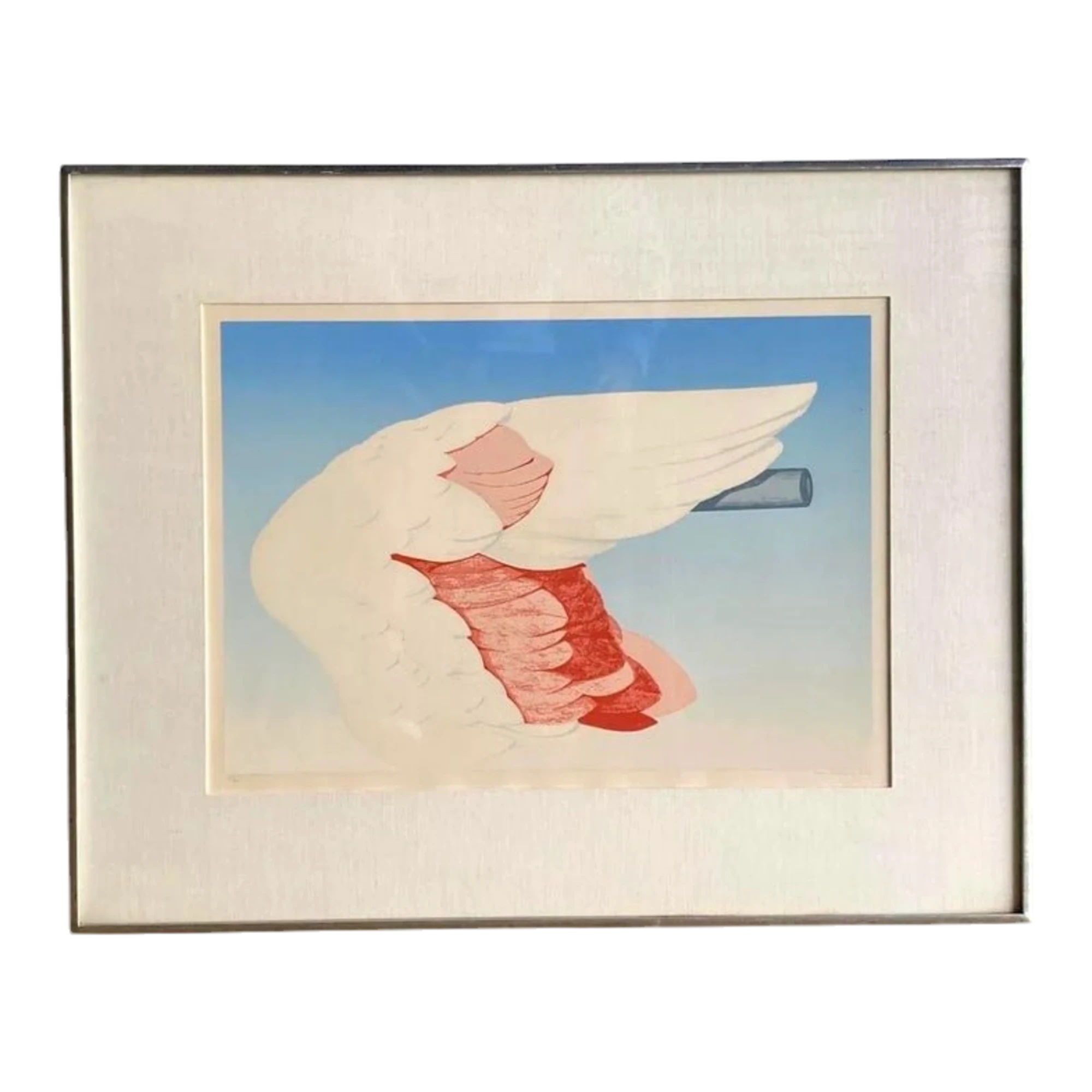 Vintage Boho Signed Original 1972 Lithograph of Flamingo Wing