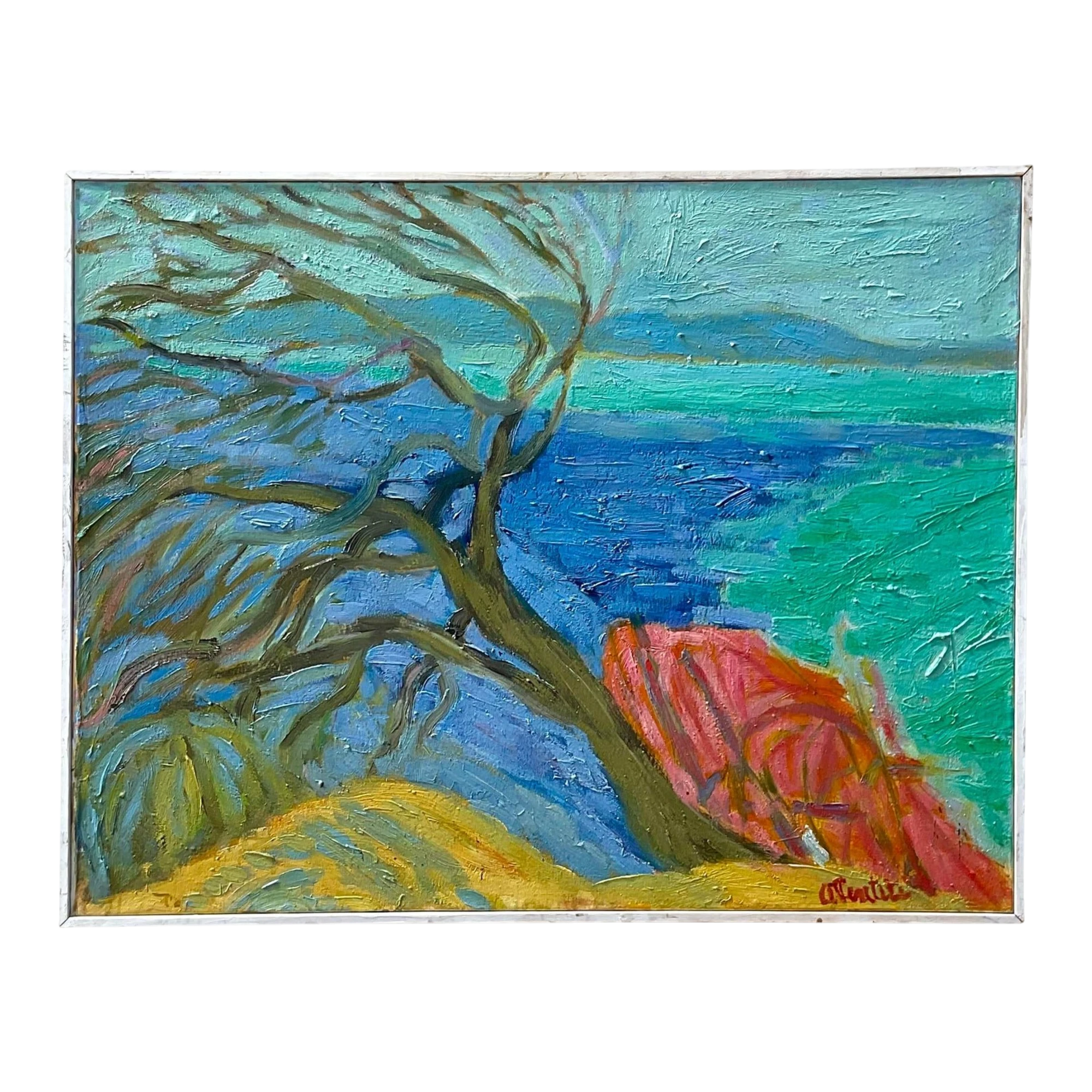 Vintage Boho Signed Original Abstract Expressionist Landscape Oil on Canvas