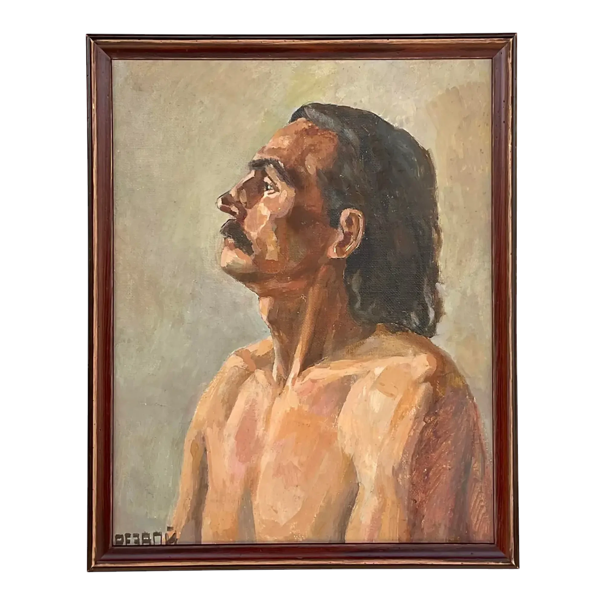 Vintage Boho Signed Original Oil Portrait on Board - Canvas, 17W x 21H
