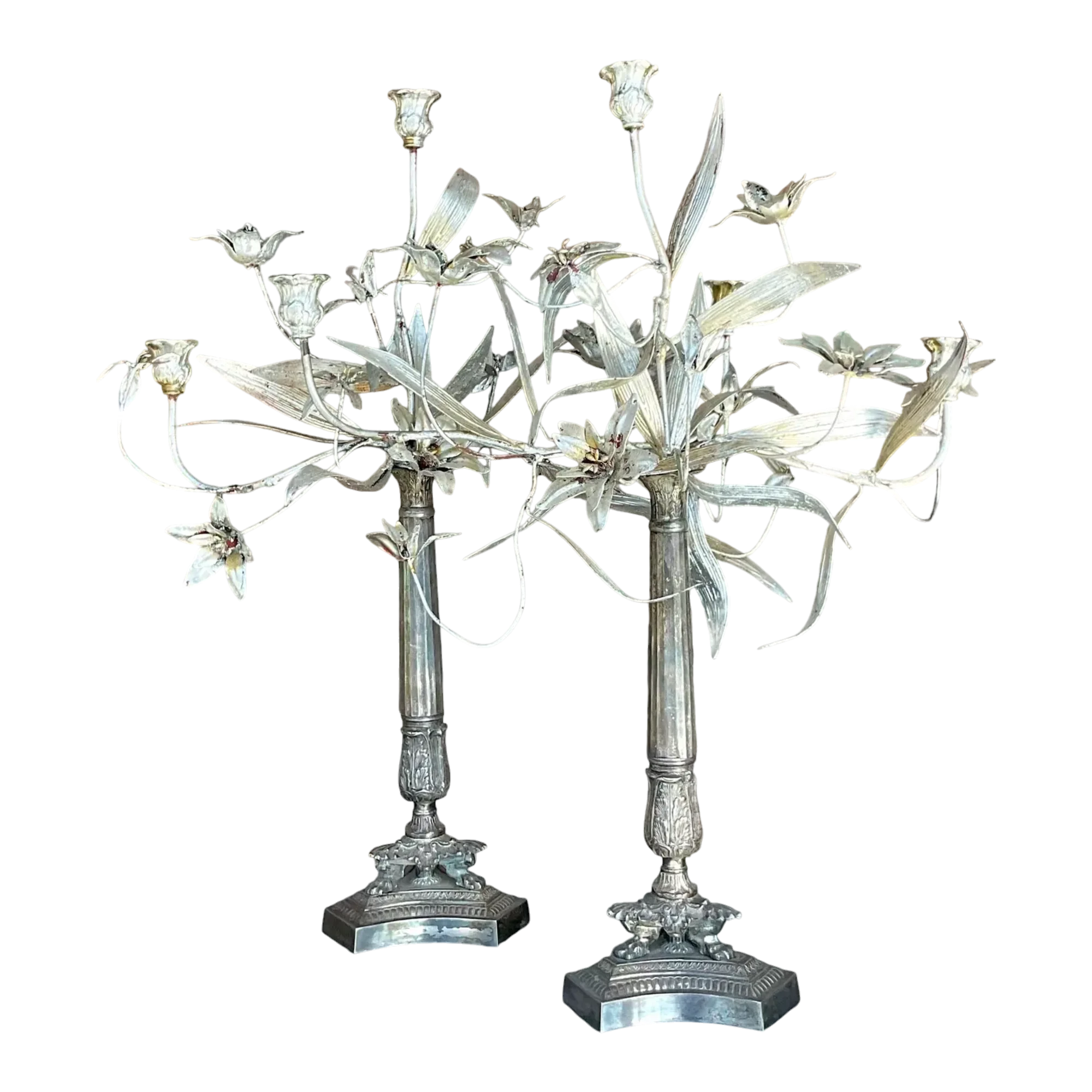 Vintage Boho Silver Floral Candelabras - a Pair